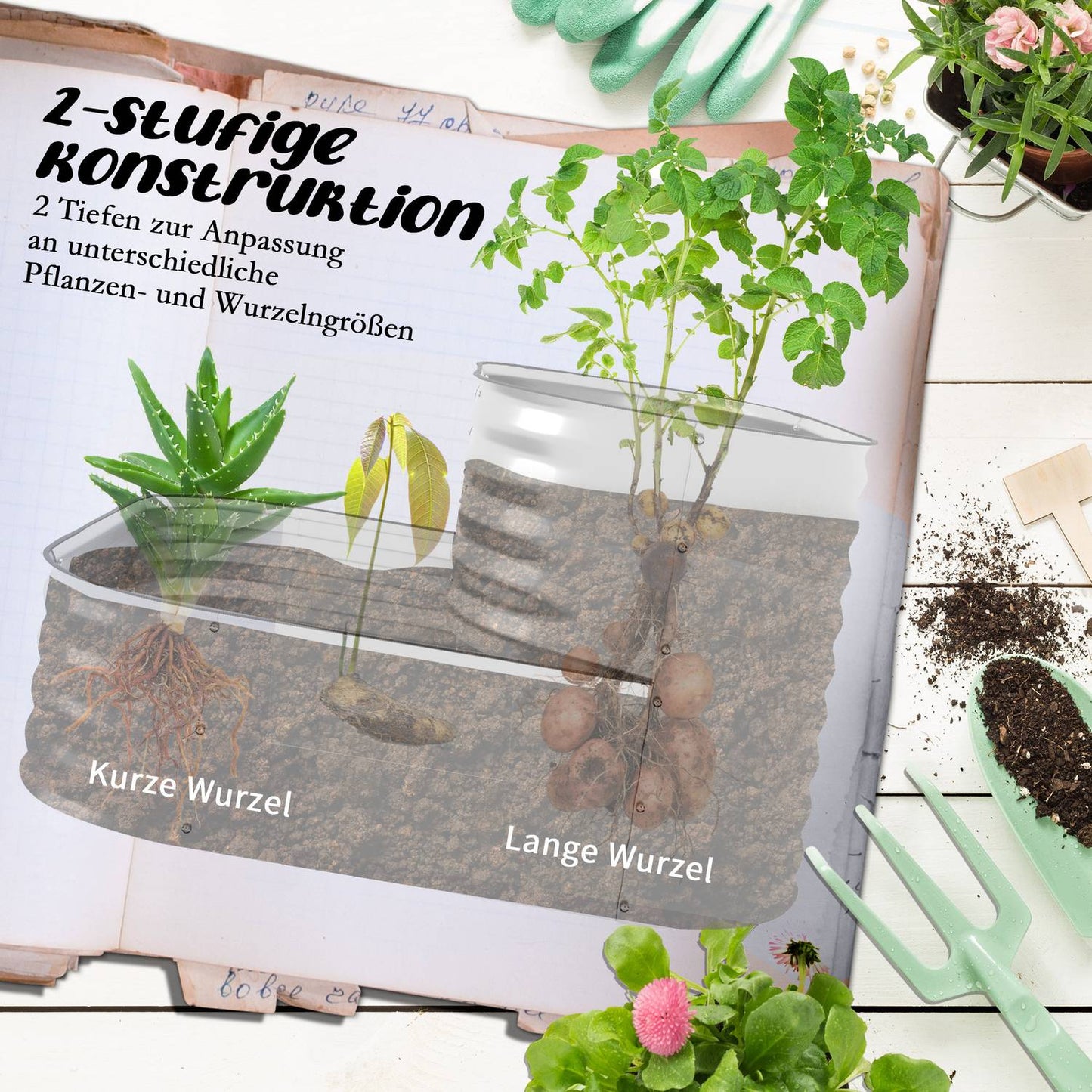 Silver plant shelf for garden or balcony, 118x45x30cm