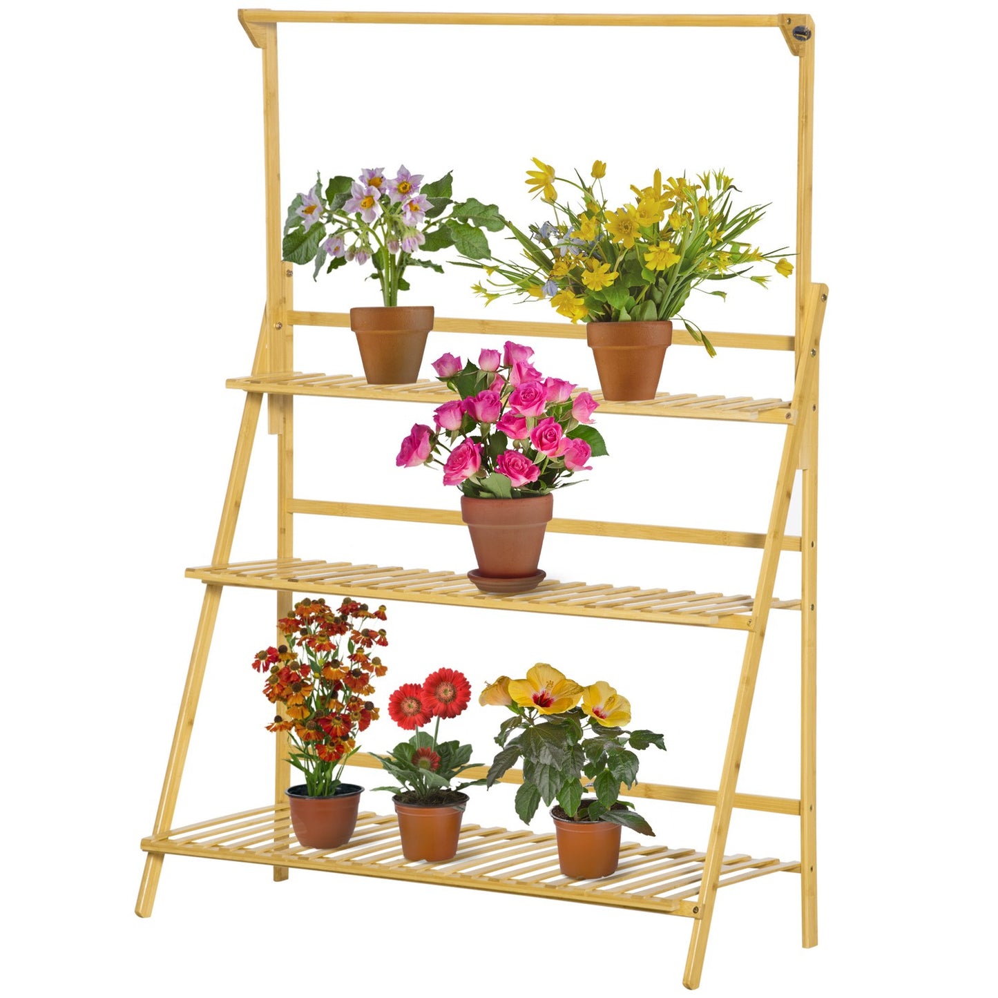 Wooden ladder shelf with flowers - adjustable height, natural bamboo