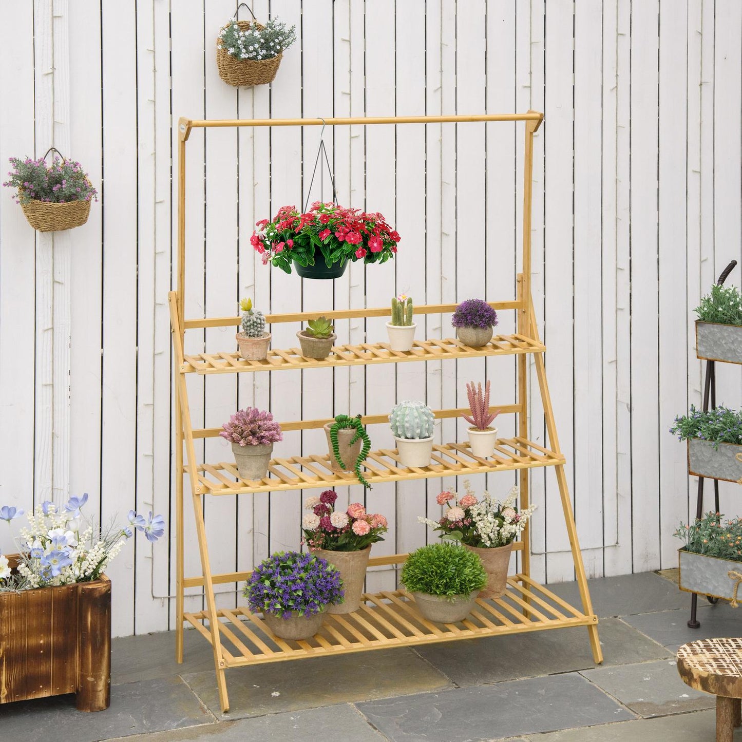Wooden ladder shelf with flowers - adjustable height, natural bamboo