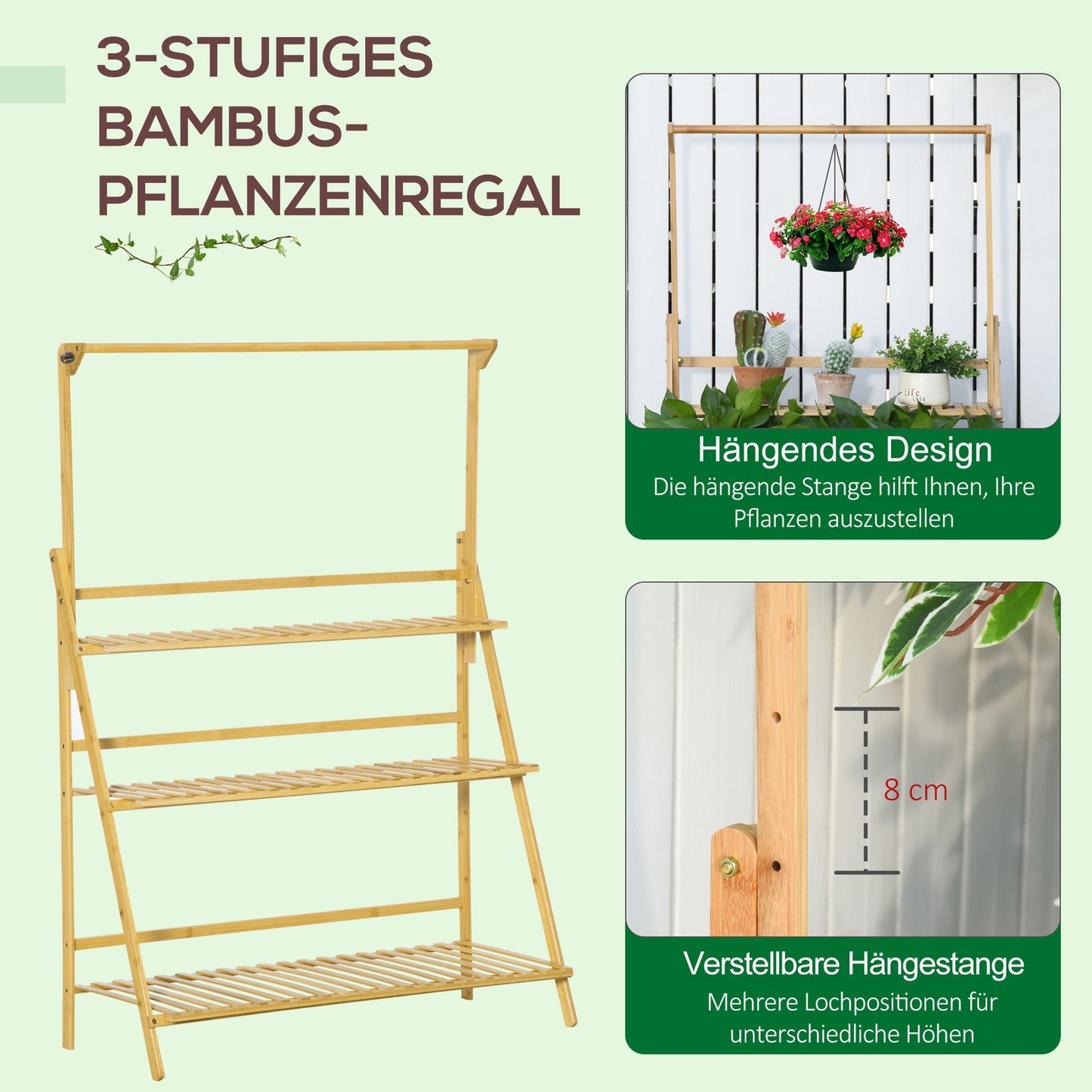 Wooden ladder shelf with flowers - adjustable height, natural bamboo