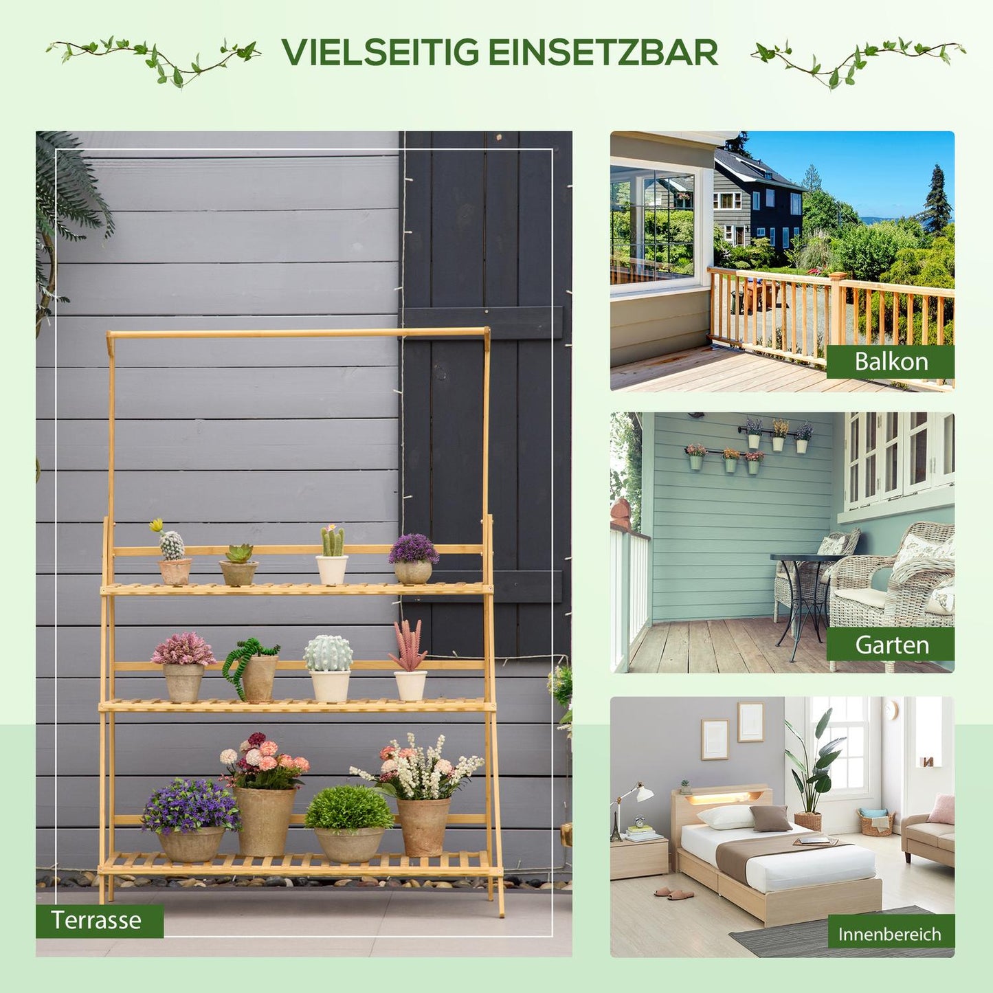 Wooden ladder shelf with flowers - adjustable height, natural bamboo