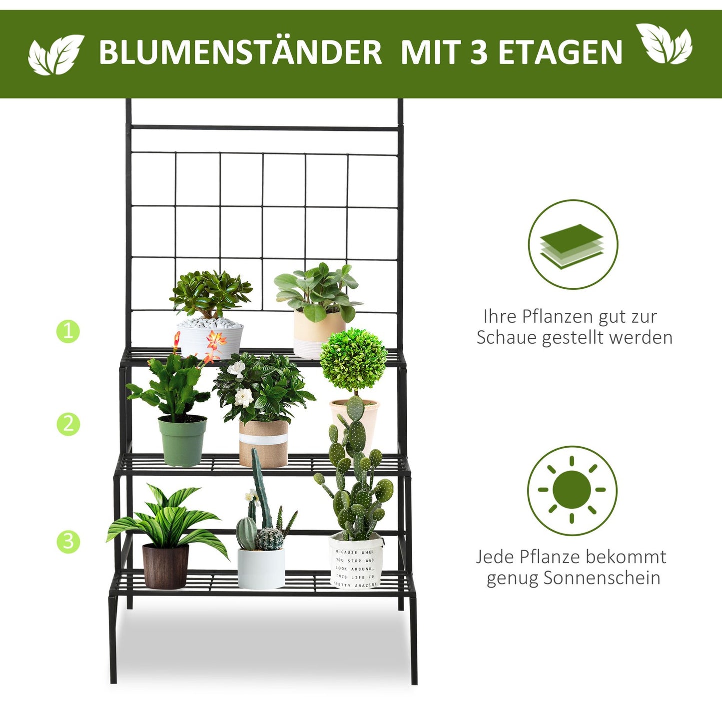 Metal plant stand with 3 steps for indoor and outdoor use