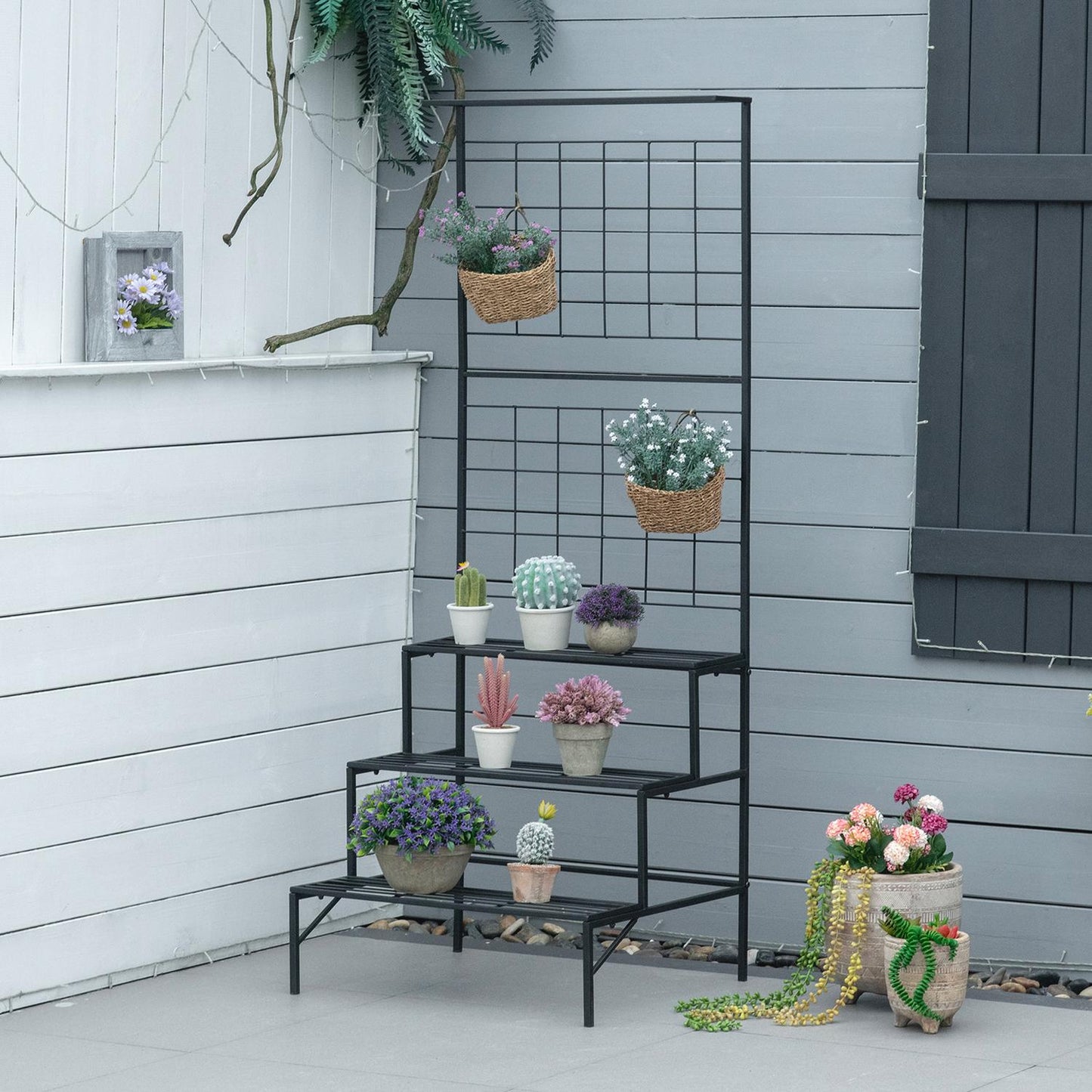 Metal plant stand with 3 steps for indoor and outdoor use