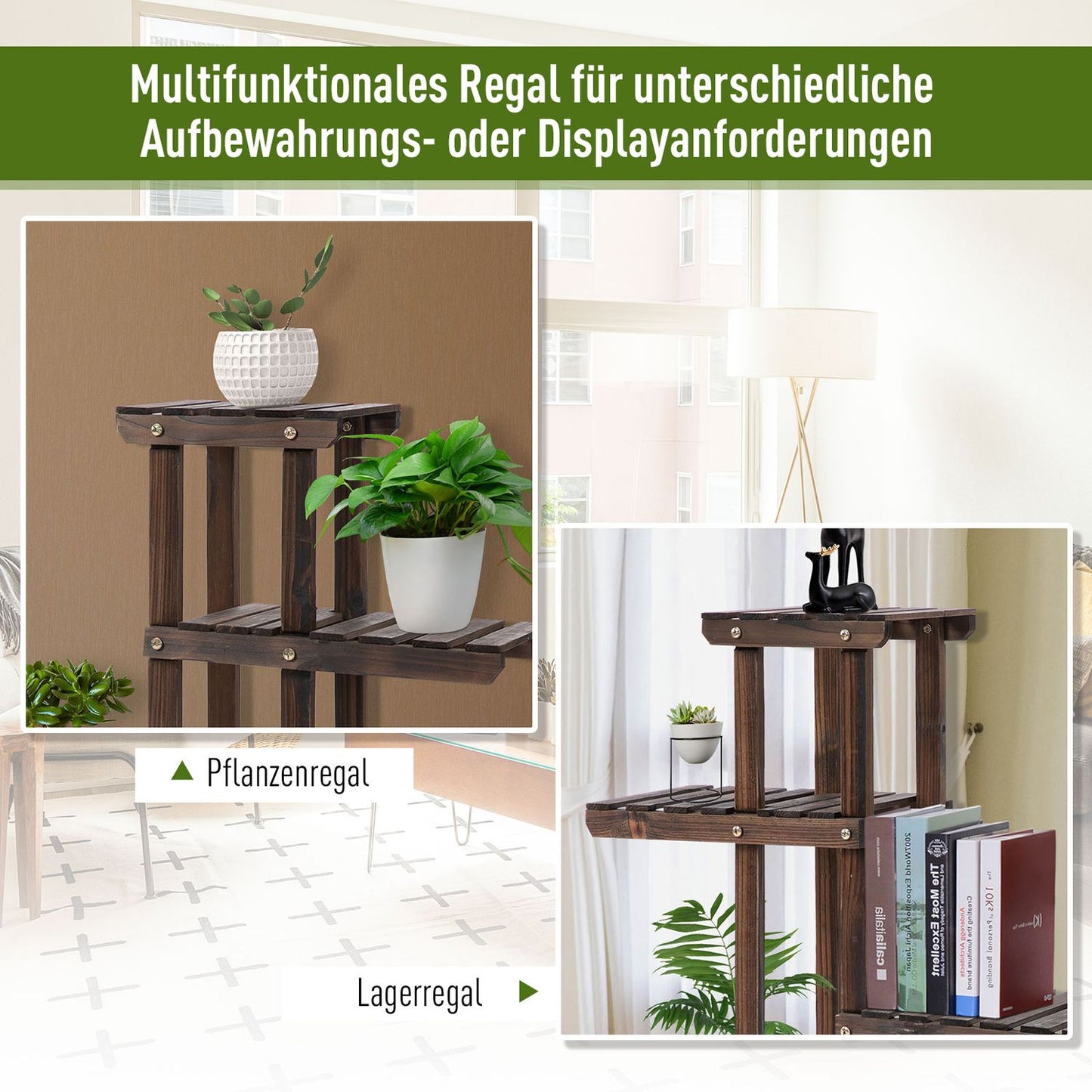 Plant shelf in solid wood in four levels, charred finish