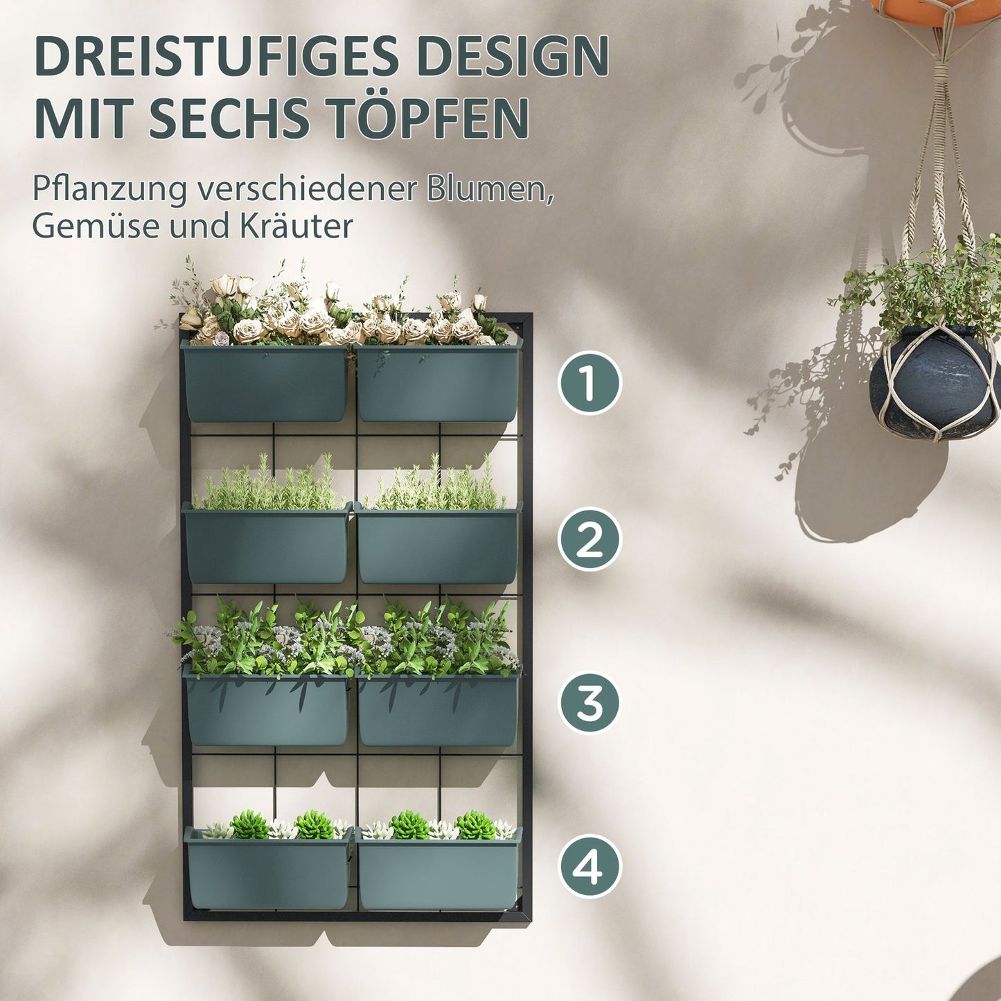 Wall-hung flower stand with 8 pots - Dark green