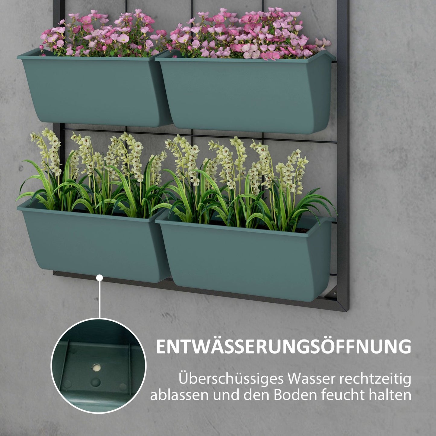 Wall-hung flower stand with 8 pots - Dark green