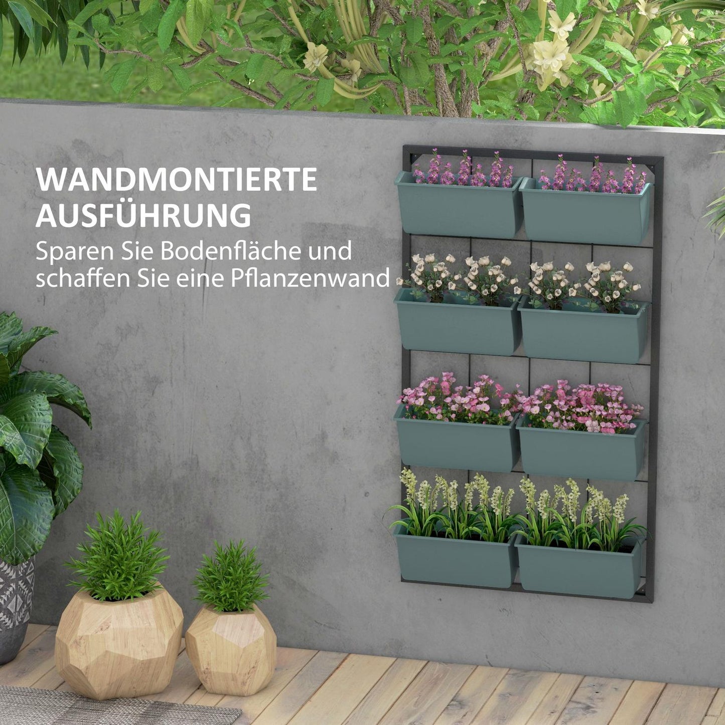 Wall-hung flower stand with 8 pots - Dark green