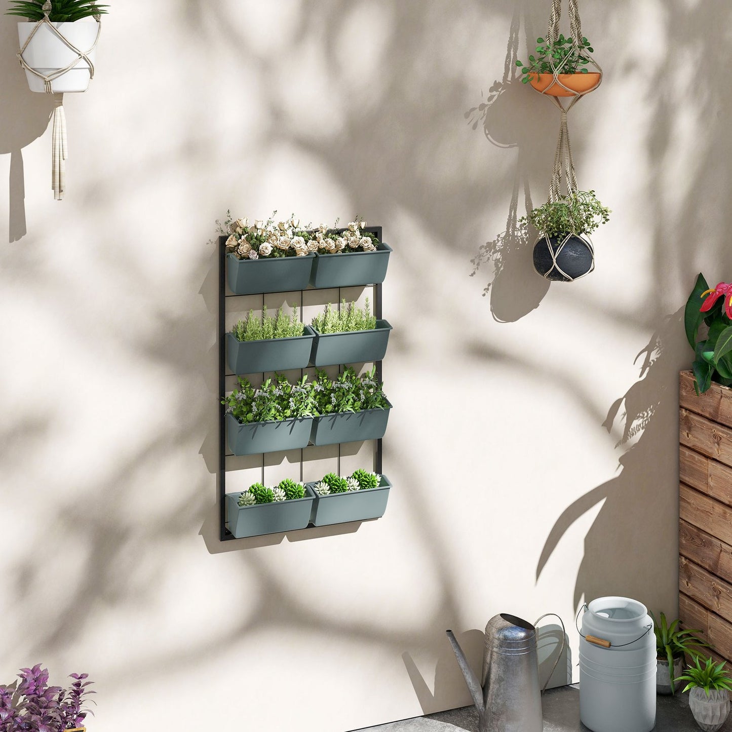 Wall-hung flower stand with 8 pots - Dark green