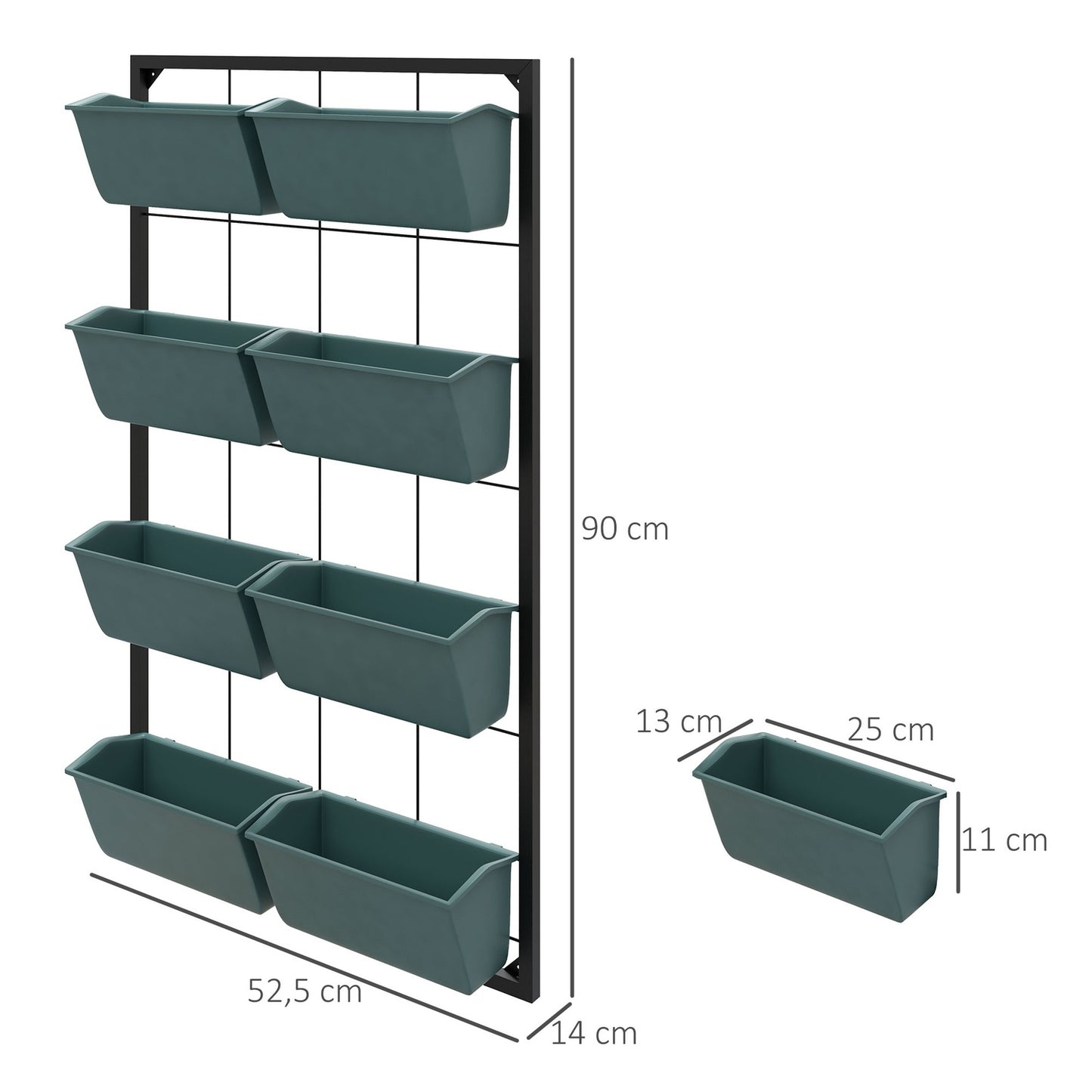 Wall-hung flower stand with 8 pots - Dark green