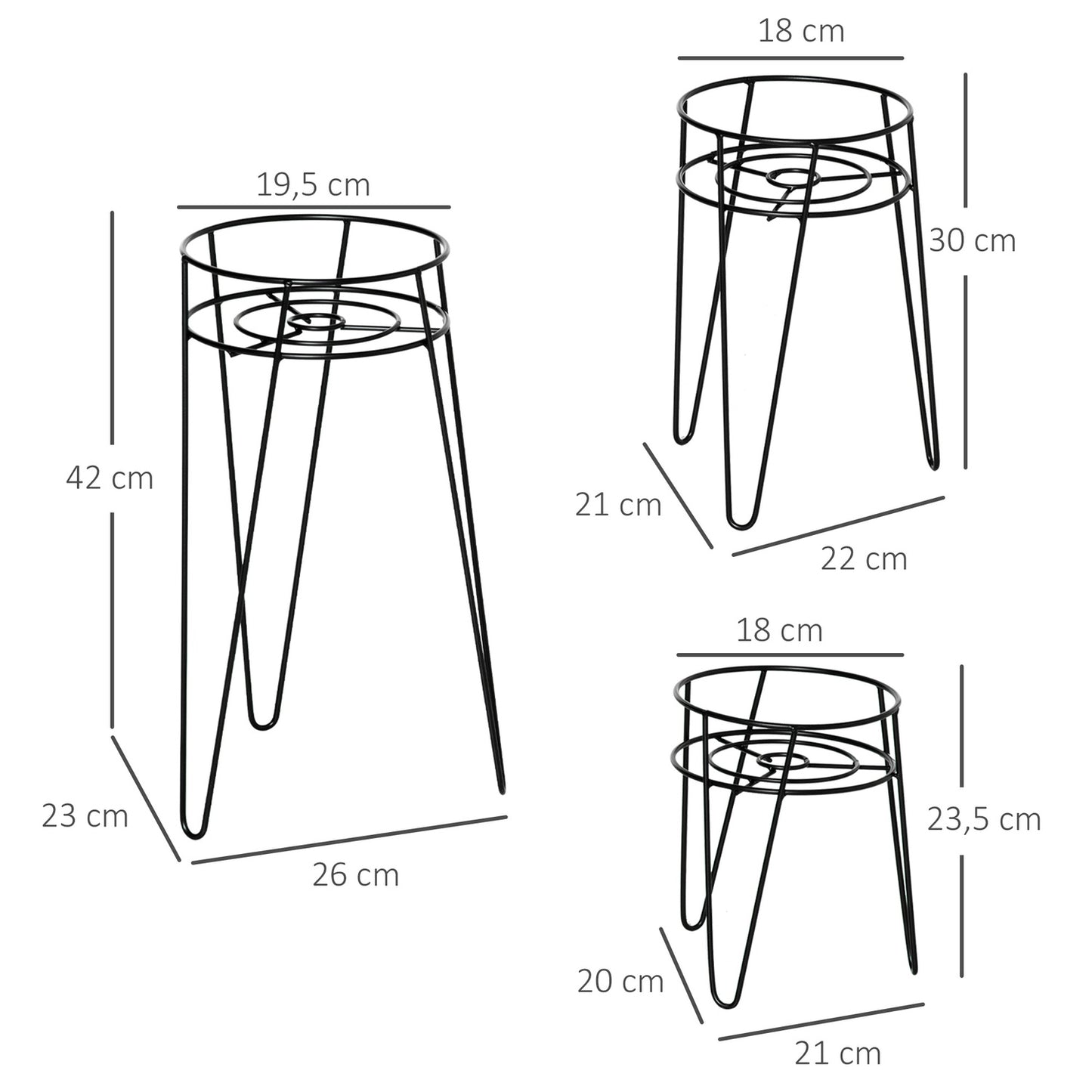 Set of 3 plant stands in black metal for 16 cm pots
