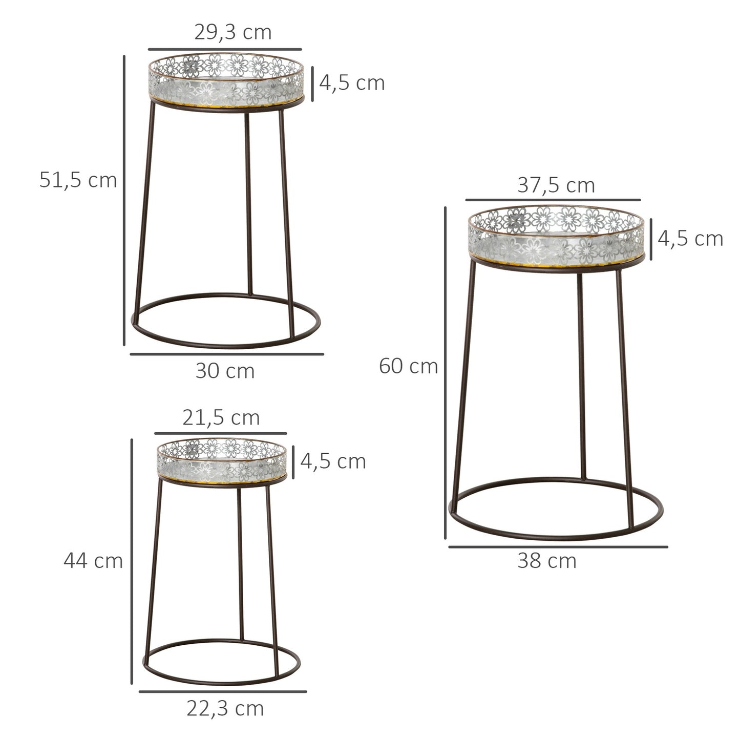 Stackable flower stands in metal, coffee/silver, 3 pcs