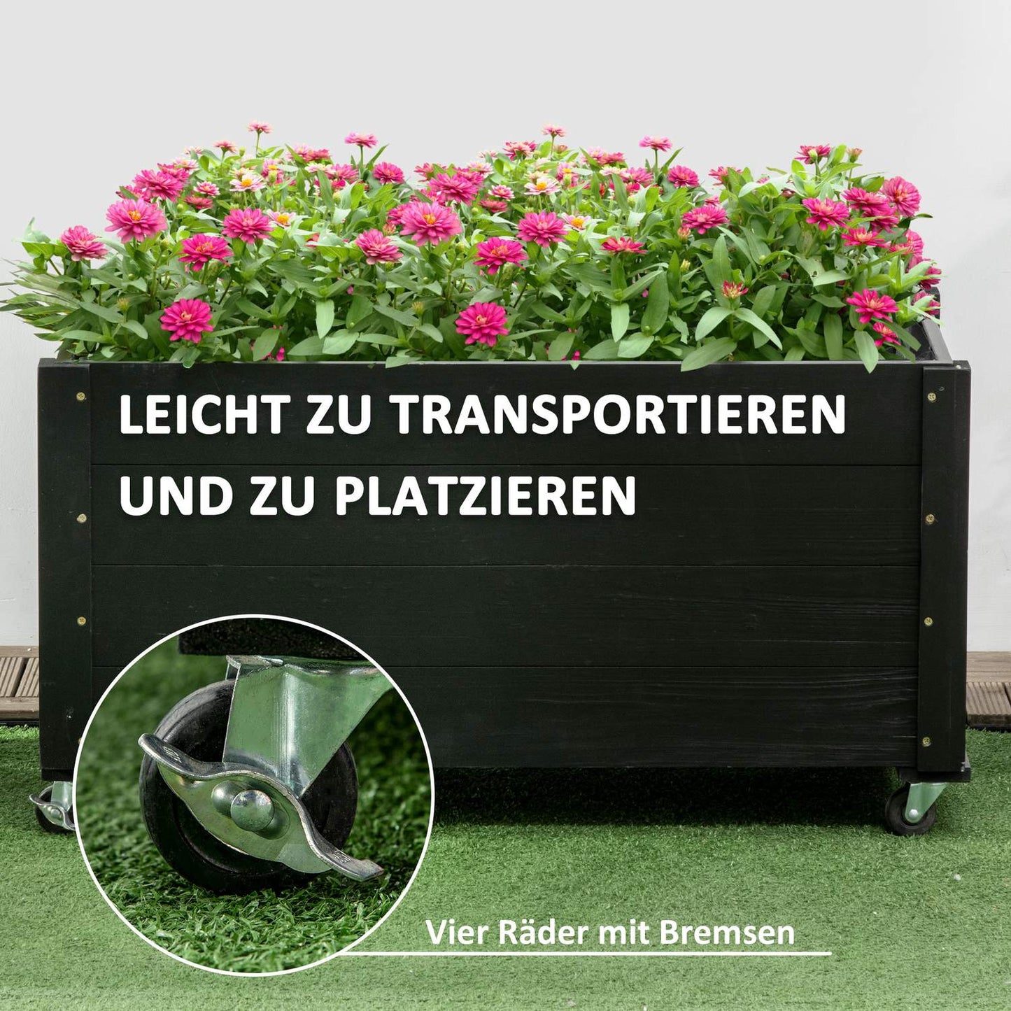 Raised garden bed with wheels, solid wood, 89 x 48 x 47 cm