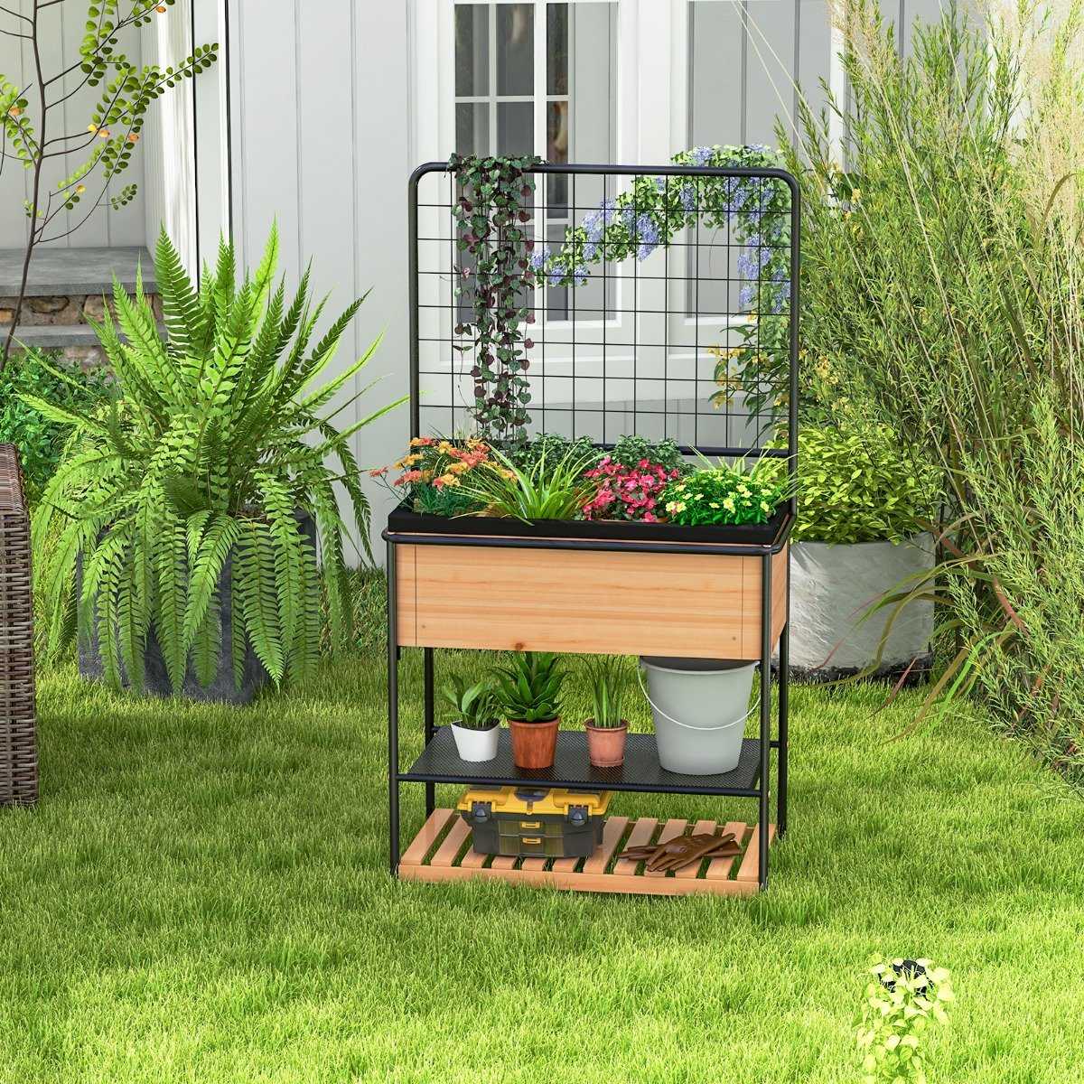 Flower box with trellis & 2 tier shelves & removable divider 80 x 38 x 150 cm