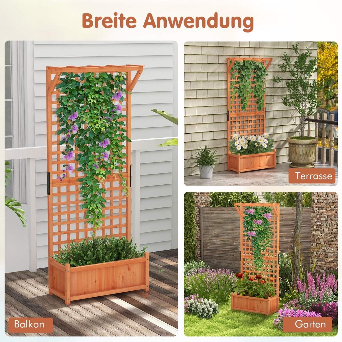 Flower box with trellis & roof & trellis & drainage holes Planter box 75 x 33 x 181 cm