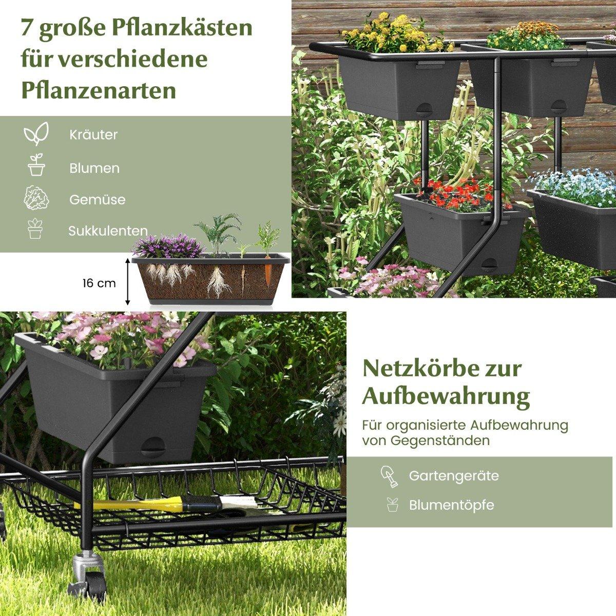 Flower stand with flower boxes flower stairs with wheels 100 x 56 x 99 cm black