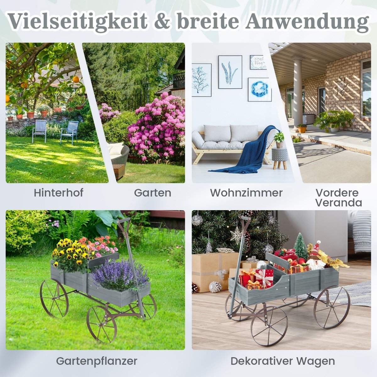Flower stand wooden trolley plant trolley flower trolley with metal wheels 62 x 34 x 60 cm grey