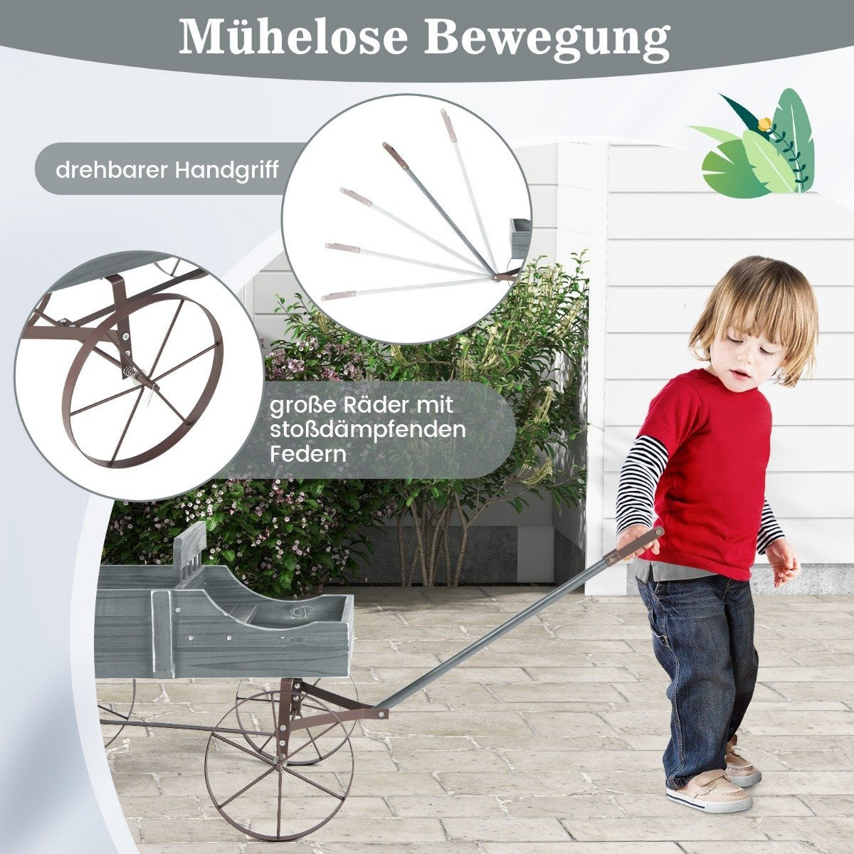 Flower stand wooden trolley plant trolley flower trolley with metal wheels 62 x 34 x 60 cm grey