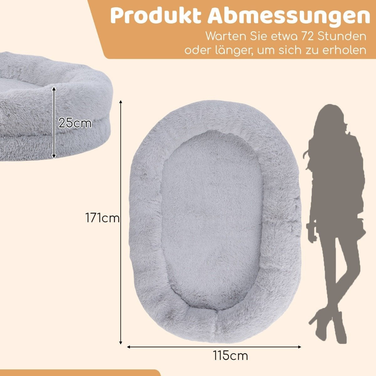 Fluffy dog bed for people & dogs with washable dog blanket 171 x 115 cm gray