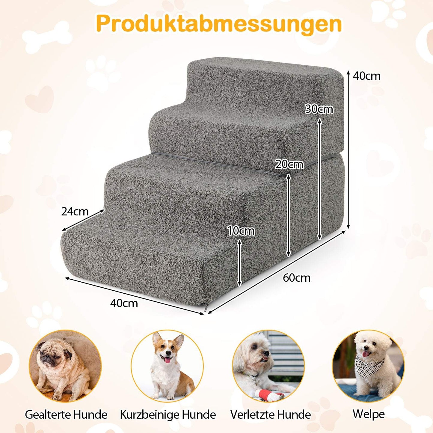 Foam Pet Stairs, 4-Step, Non-Slip, Washable Cover, Gray