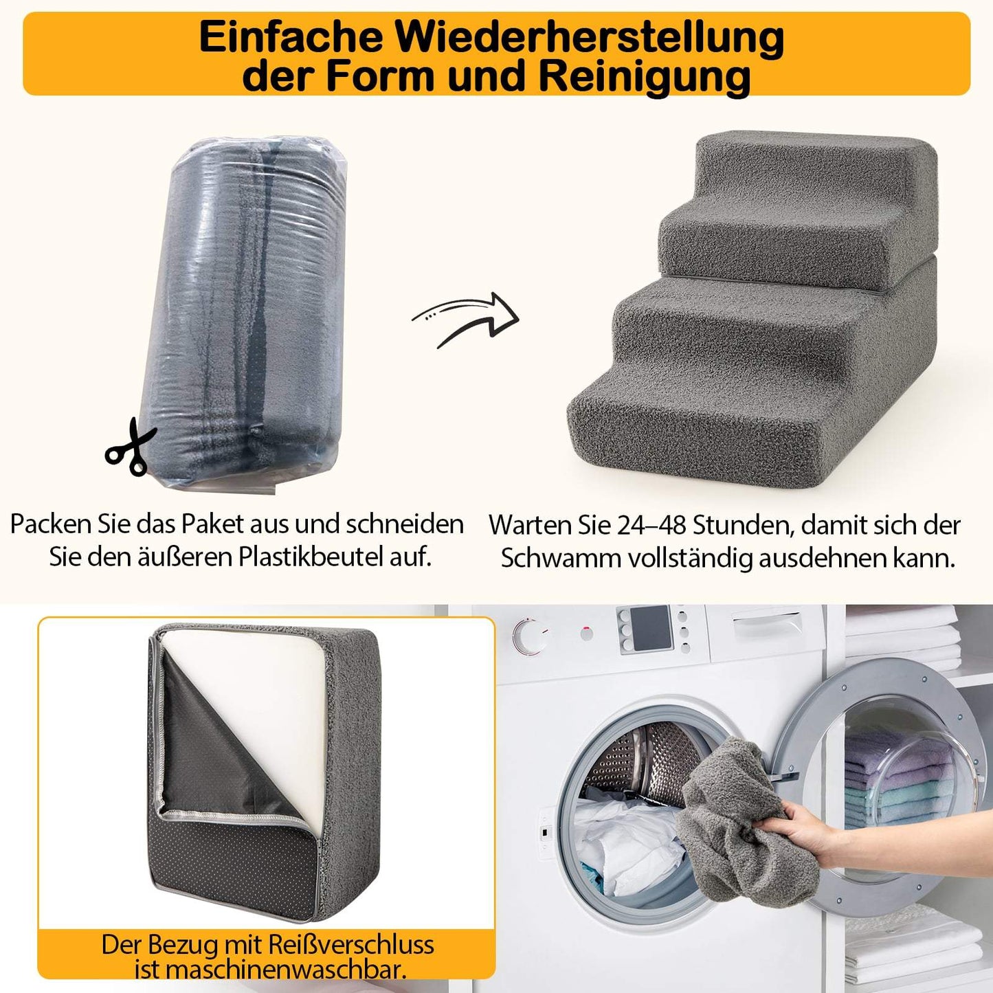 Foam Pet Stairs, 4-Step, Non-Slip, Washable Cover, Gray
