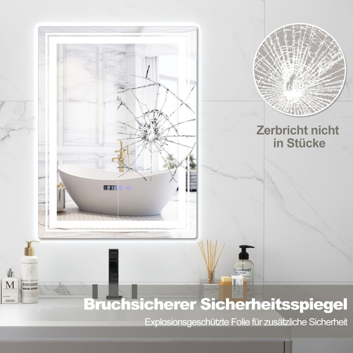 Fog-free LED bathroom mirror with 3 light colors & memory function Illuminated wall mirror