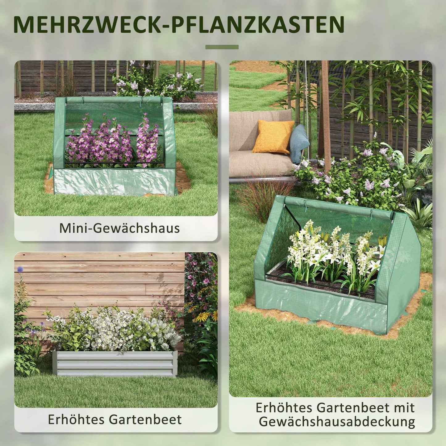 Raised greenhouse with rolling windows for garden, green