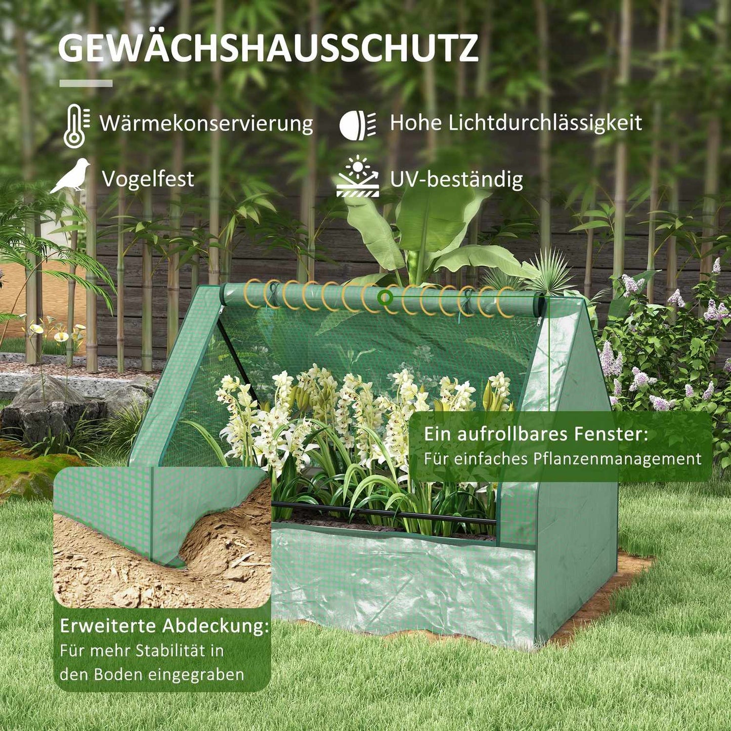 Raised greenhouse with rolling windows for garden, green