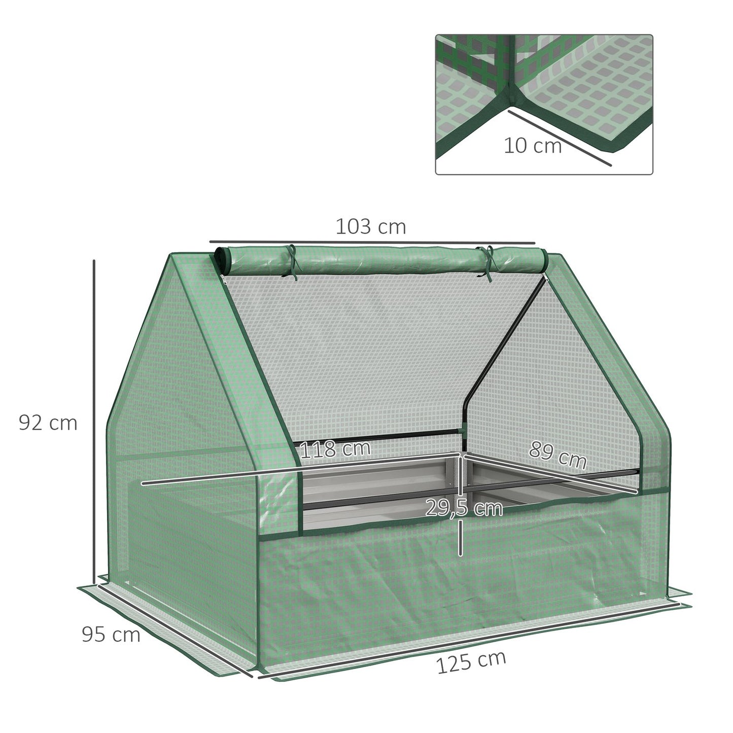 Raised greenhouse with rolling windows for garden, green