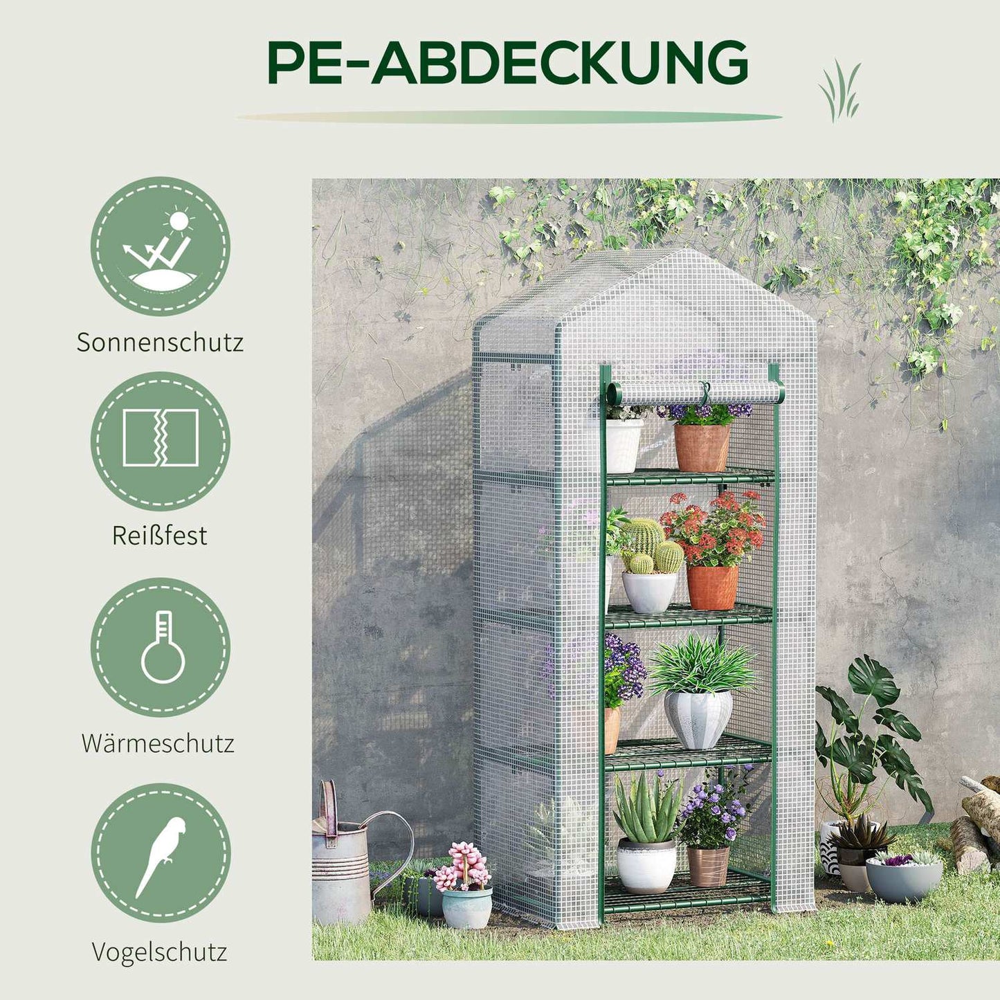 White 4-shelf greenhouse, foil cover, 70x50x160 cm