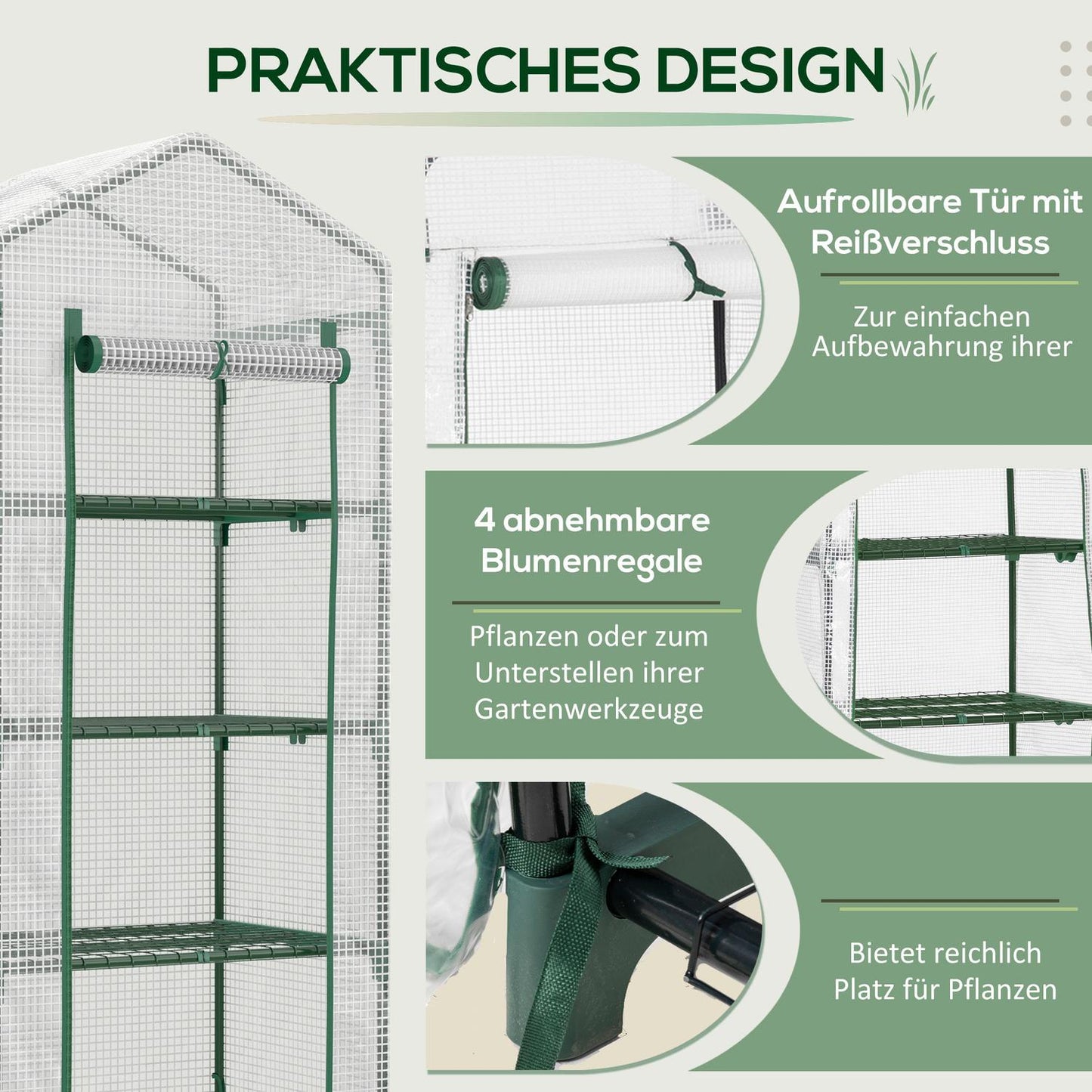 White 4-shelf greenhouse, foil cover, 70x50x160 cm