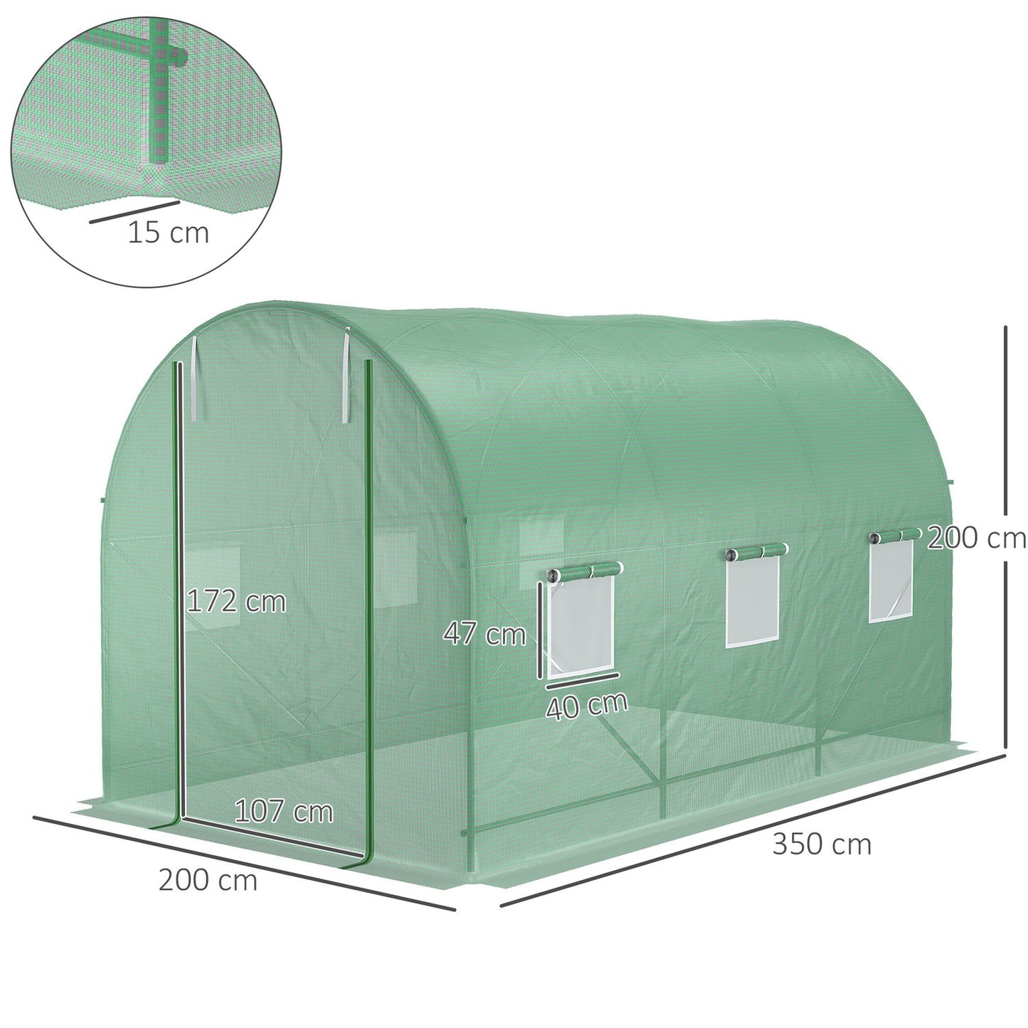Greenhouse foil tunnel with window, 350x200x200 cm, green