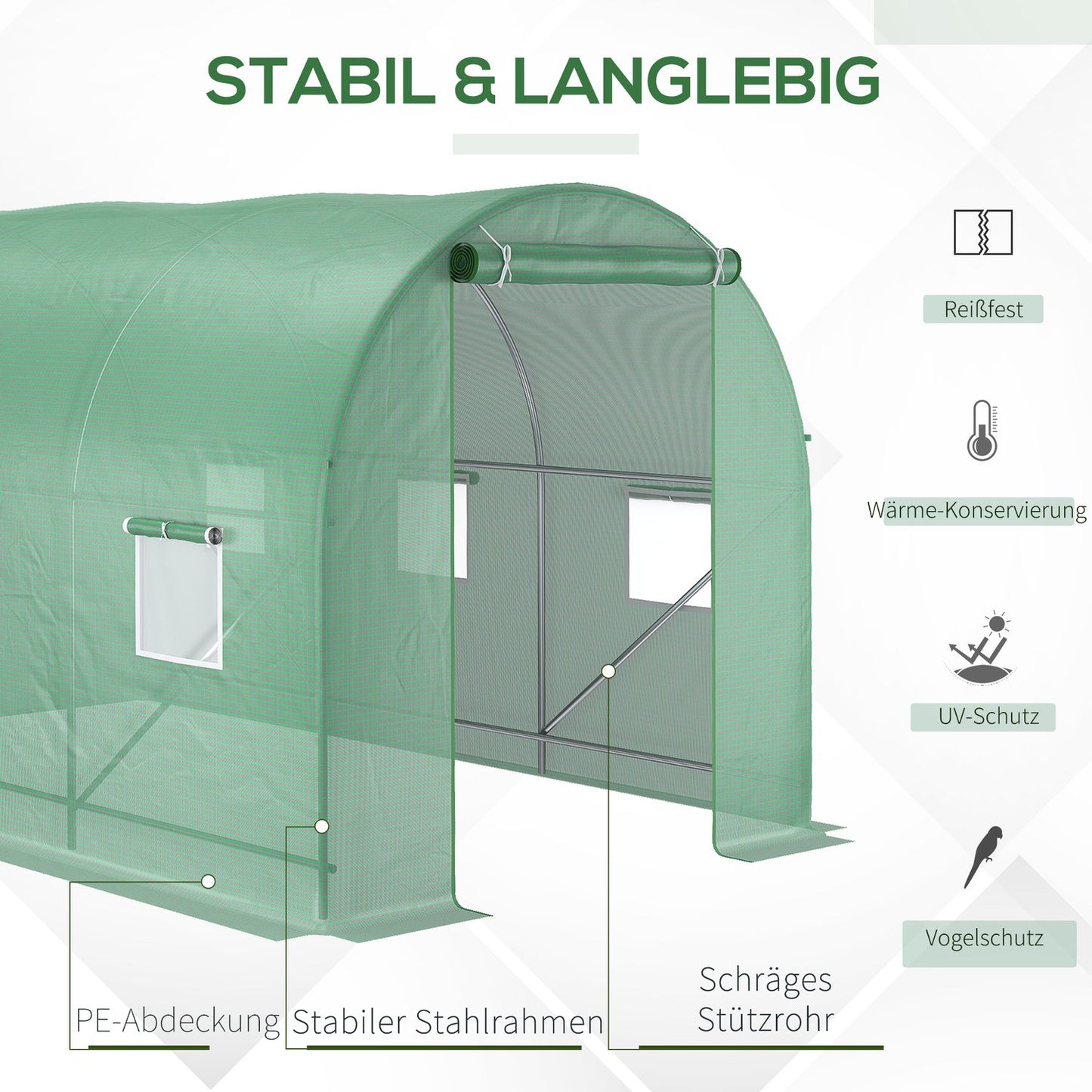 Greenhouse foil tunnel with window, 350x200x200 cm, green
