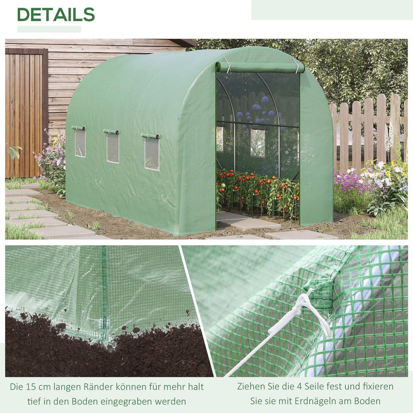 Greenhouse foil tunnel with window, 350x200x200 cm, green