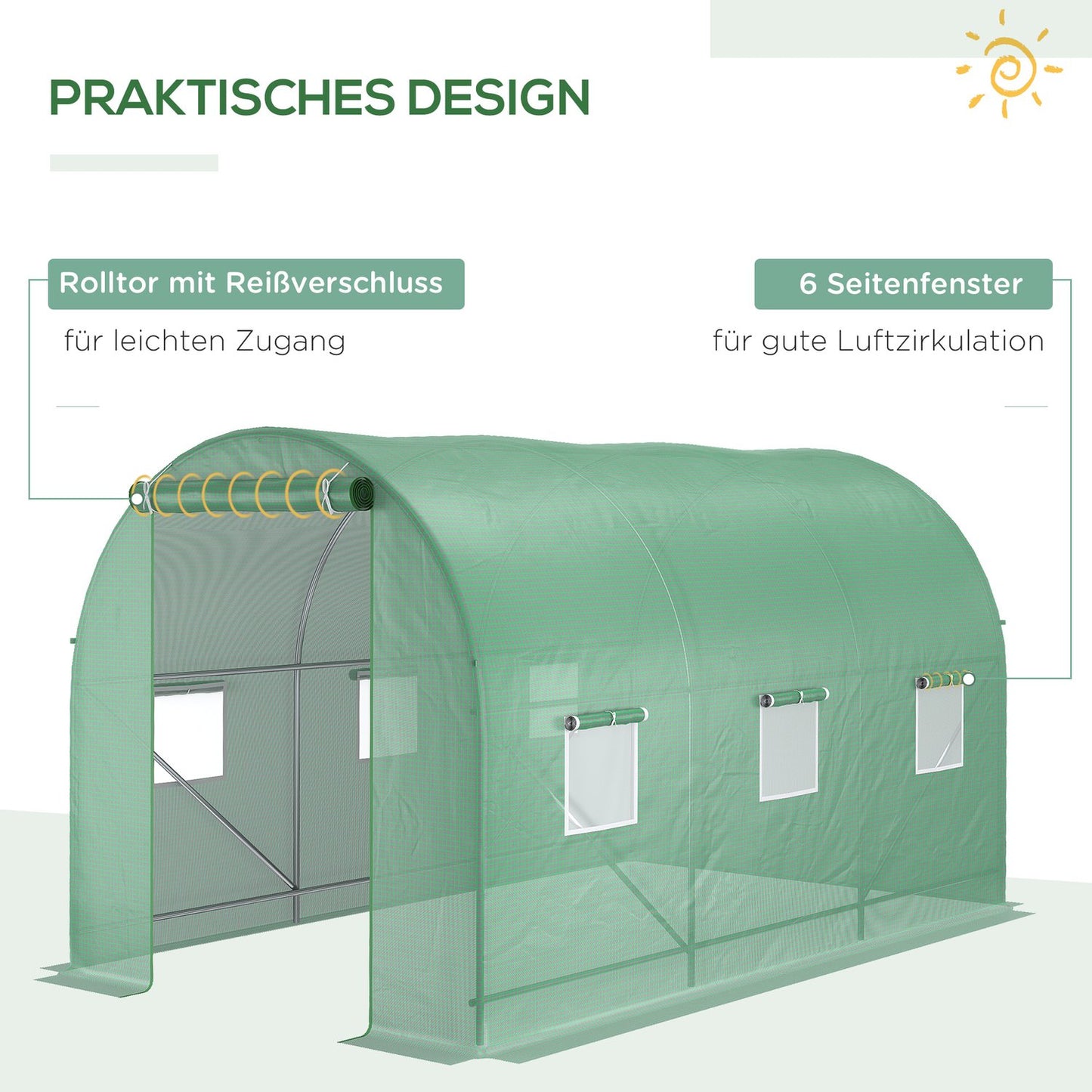 Greenhouse foil tunnel with window, 350x200x200 cm, green