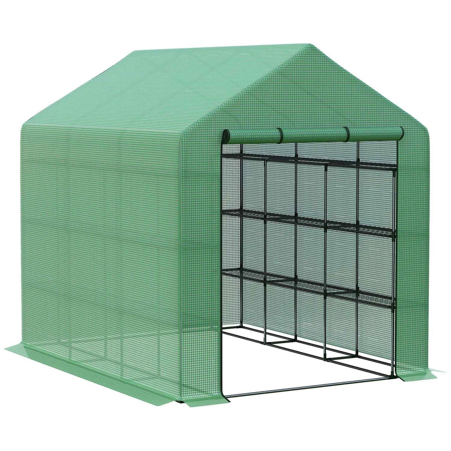 Walk-In greenhouse with 8 shelves, steel frame, green