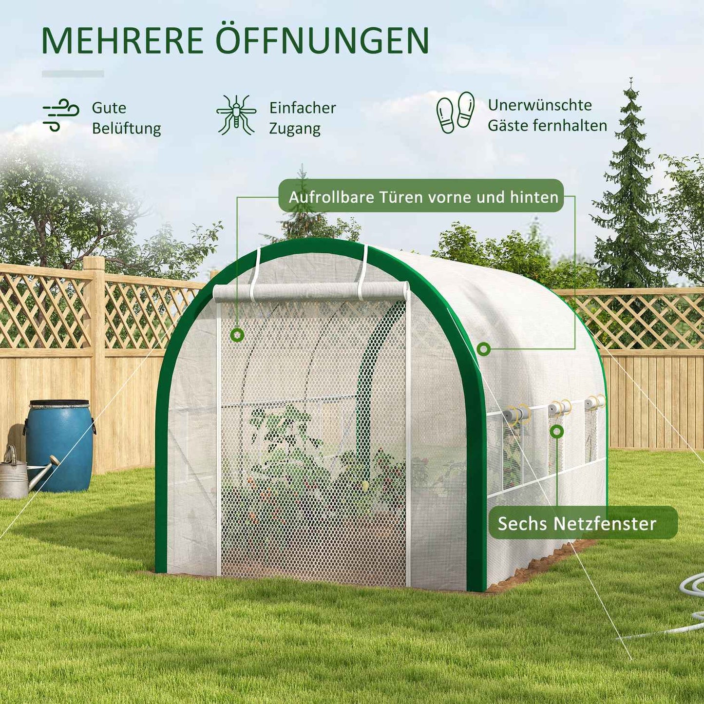 Tunnel greenhouse in galvanized steel, 3.58 x 2.1 m, with roller door