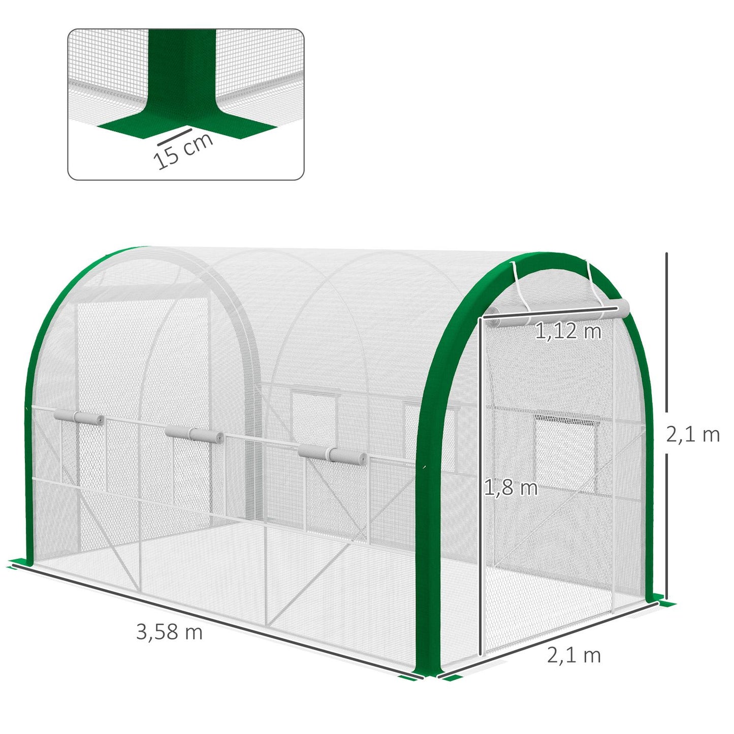 Tunnel greenhouse in galvanized steel, 3.58 x 2.1 m, with roller door