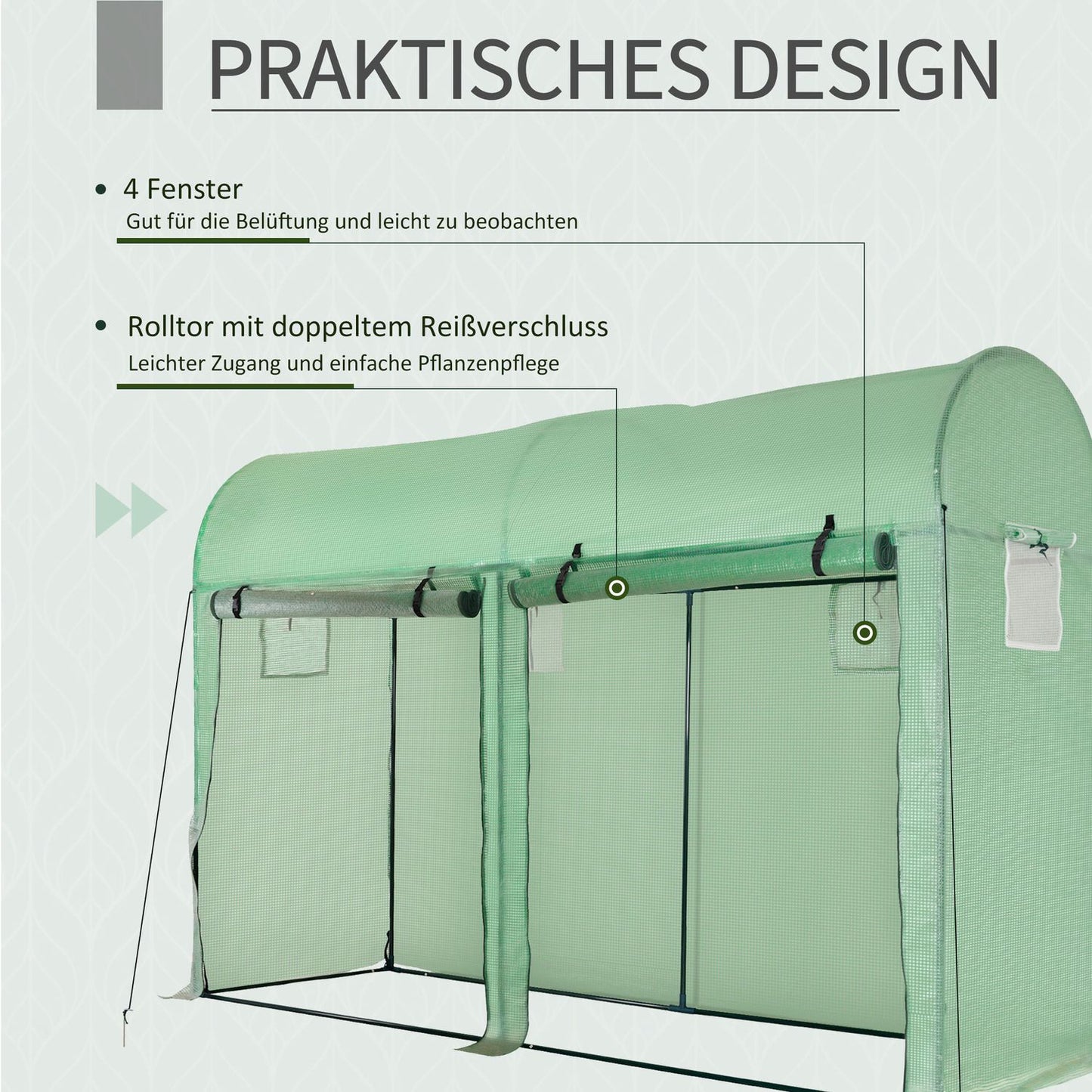 Greenhouse 300x100x200 cm, PE Plastic, Steel frame, 4 windows