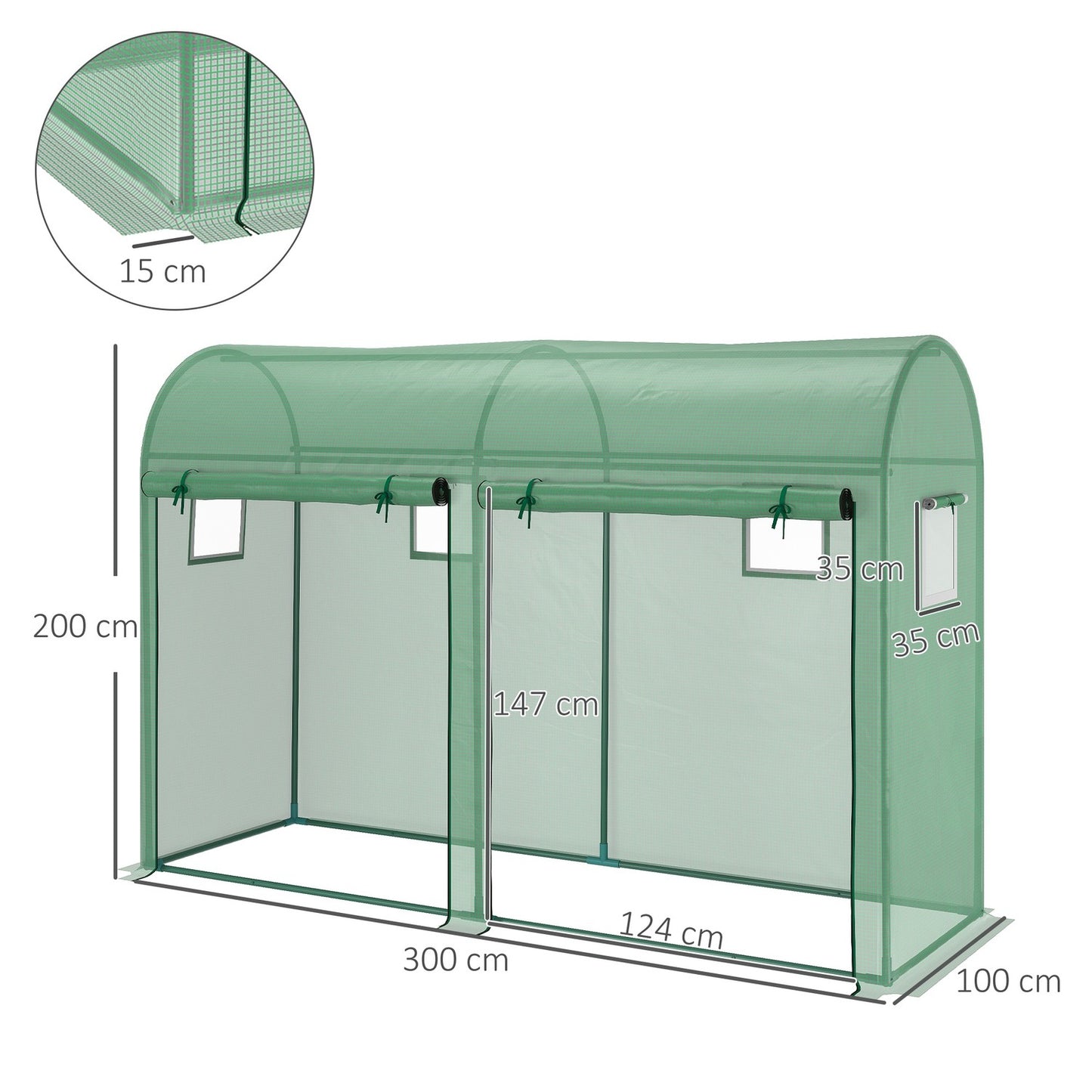 Greenhouse 300x100x200 cm, PE Plastic, Steel frame, 4 windows