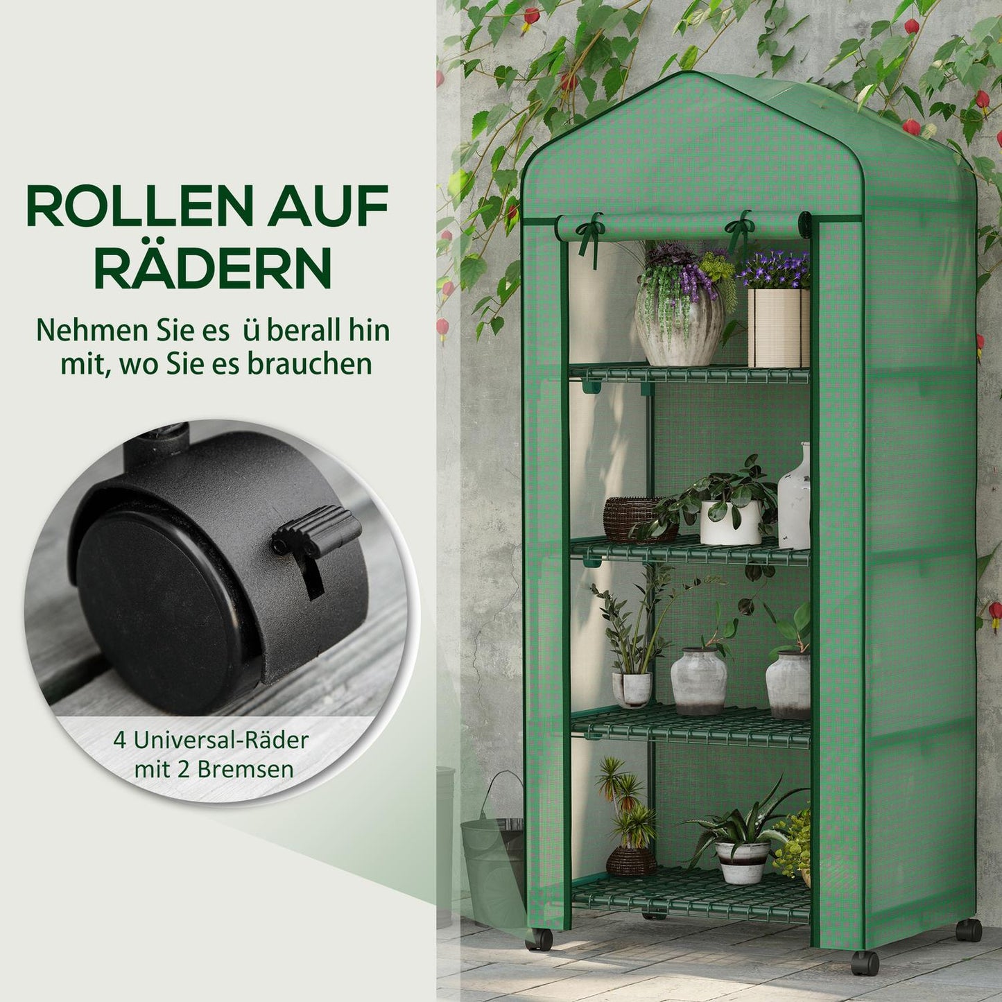 Foil greenhouse with roller and 4 shelves, steel frame, 69x50x165 cm
