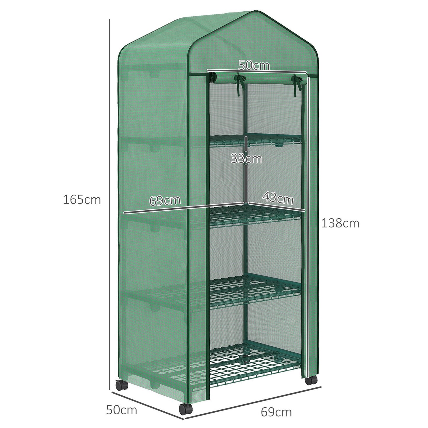 Foil greenhouse with roller and 4 shelves, steel frame, 69x50x165 cm