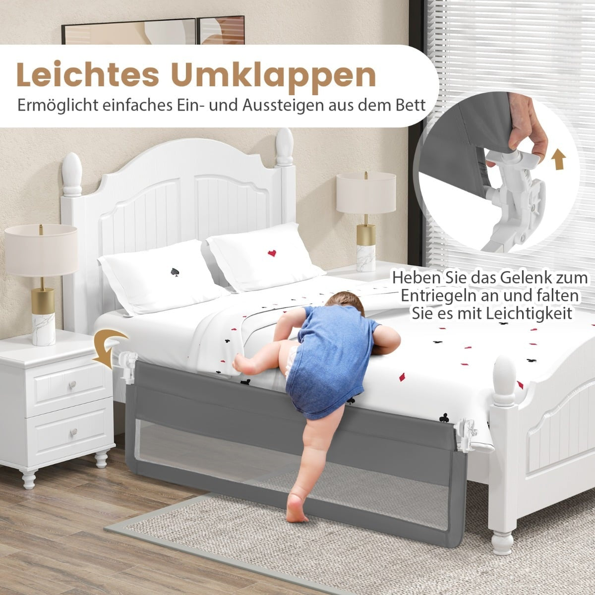 Foldable 180 cm Bed Rail with Safety Straps, Gray
