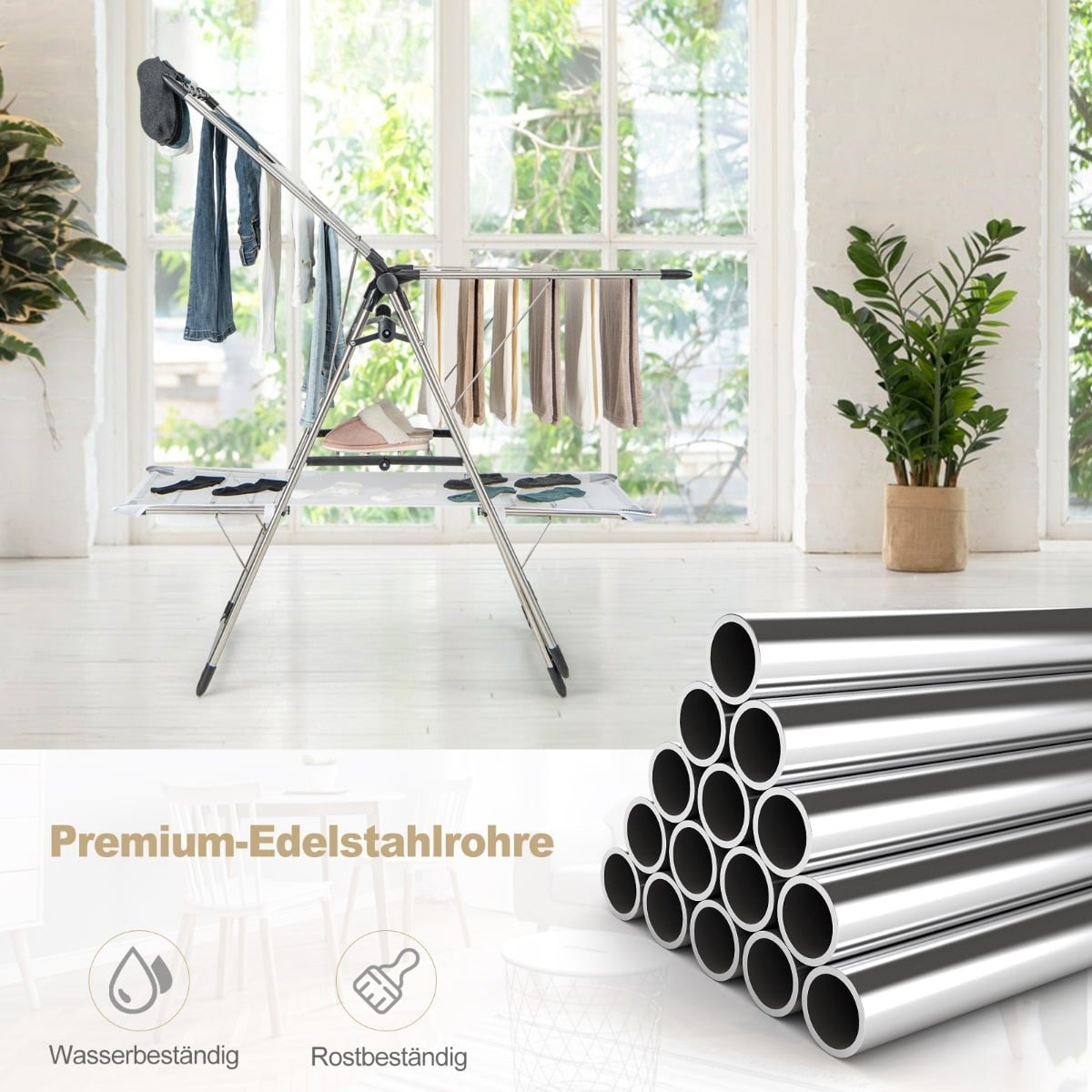 Foldable 2-Tier Clothes Drying Rack, Adjustable Stainless Steel