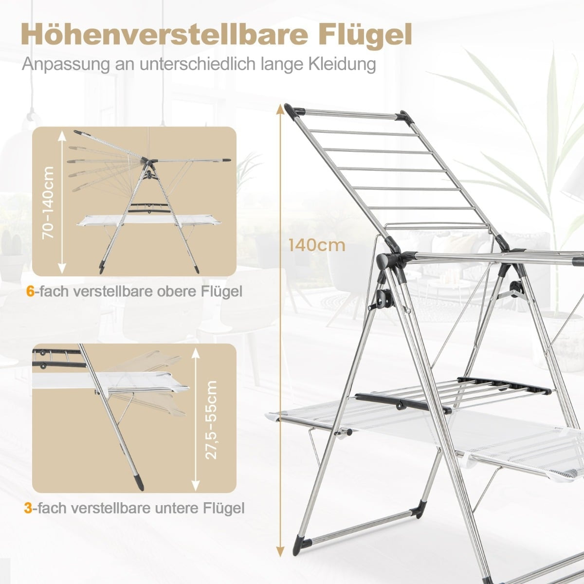 Foldable 2-Tier Clothes Drying Rack, Adjustable Stainless Steel