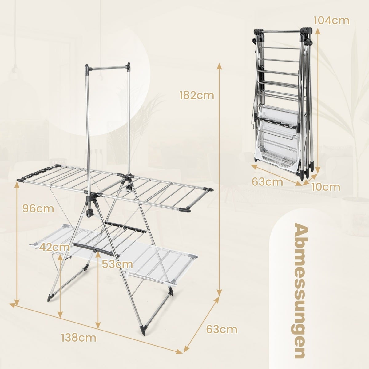 Foldable 2-Tier Clothes Drying Rack, Adjustable Stainless Steel