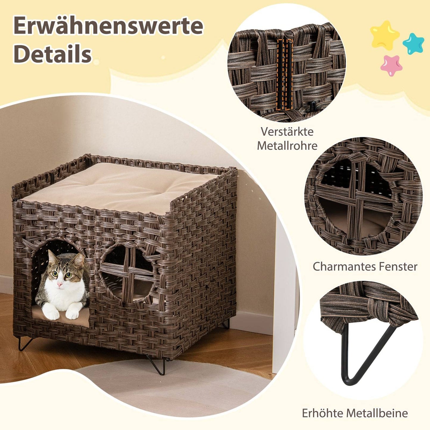 Foldable 2-Tier Rattan Cat House with Cushions