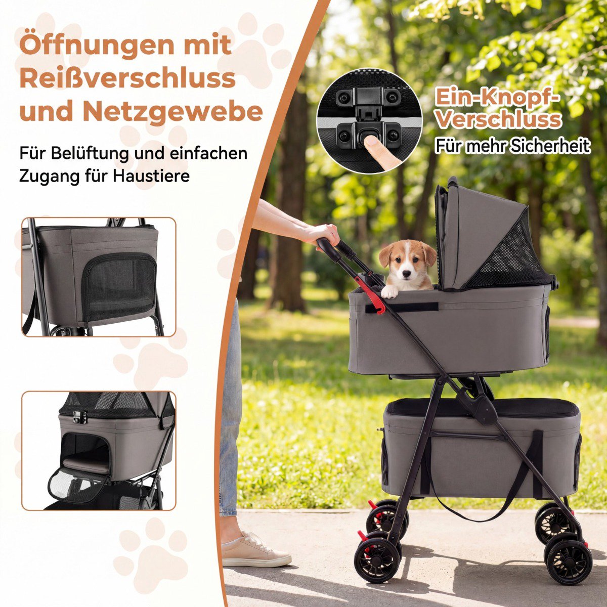 Foldable 3-in-1 Pet Stroller with Dual Carriers, Gray