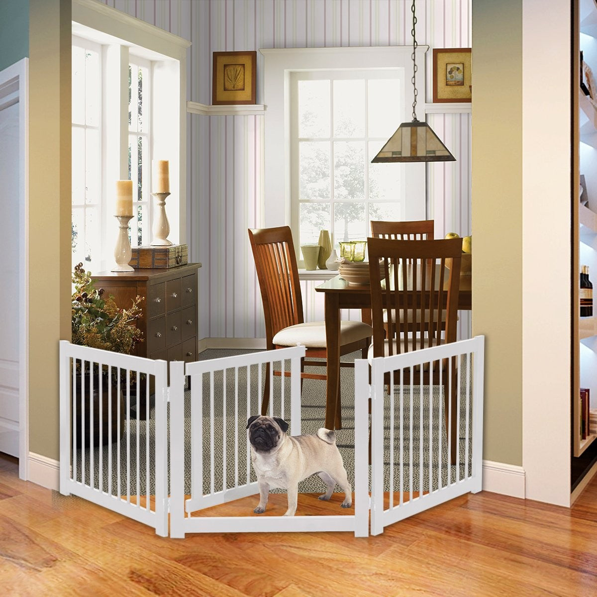 Foldable 3-part dog barrier with pinewood gate for doors/stairs, 61cm high, white