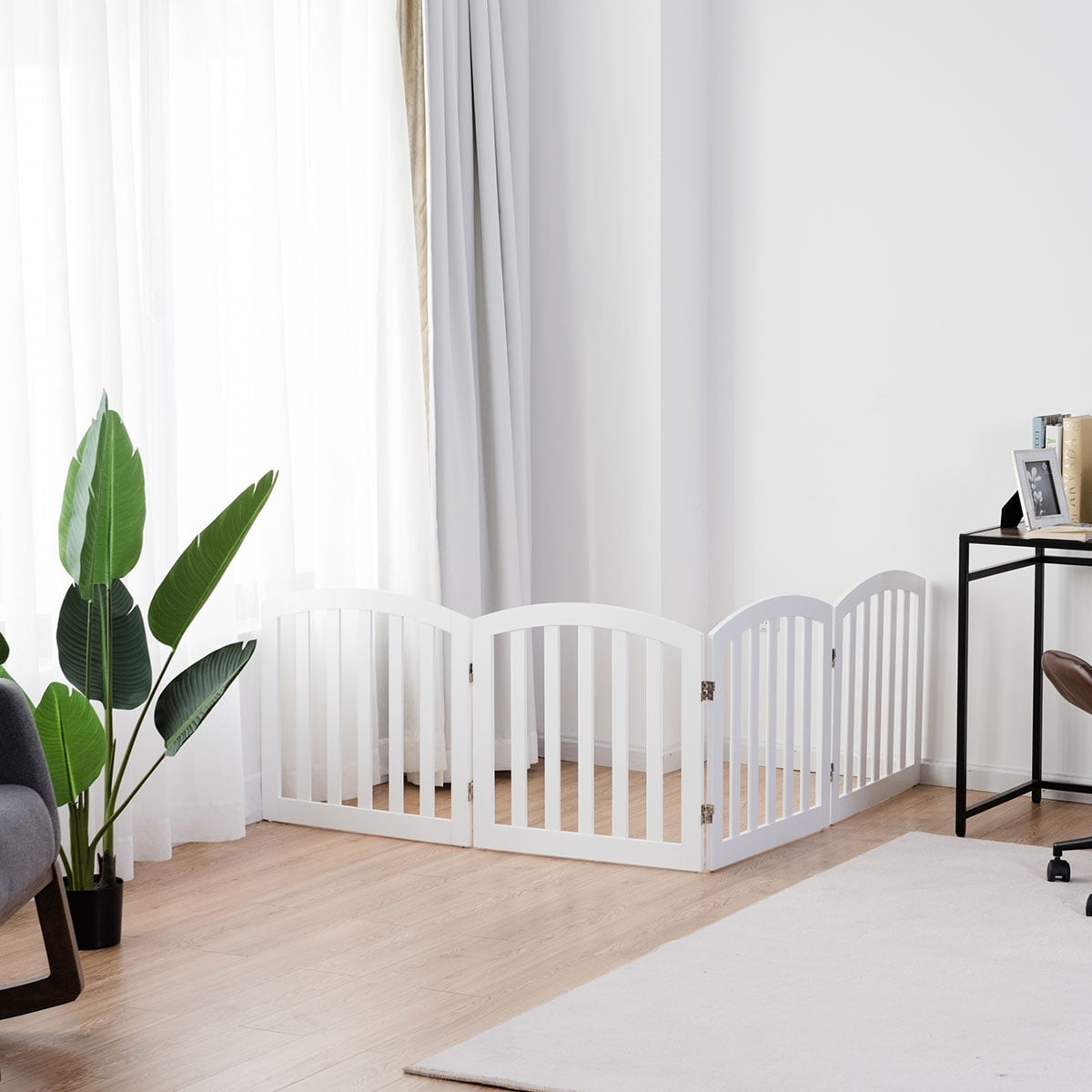 Foldable 4-Panel Pet Gate, MDF Wood, White
