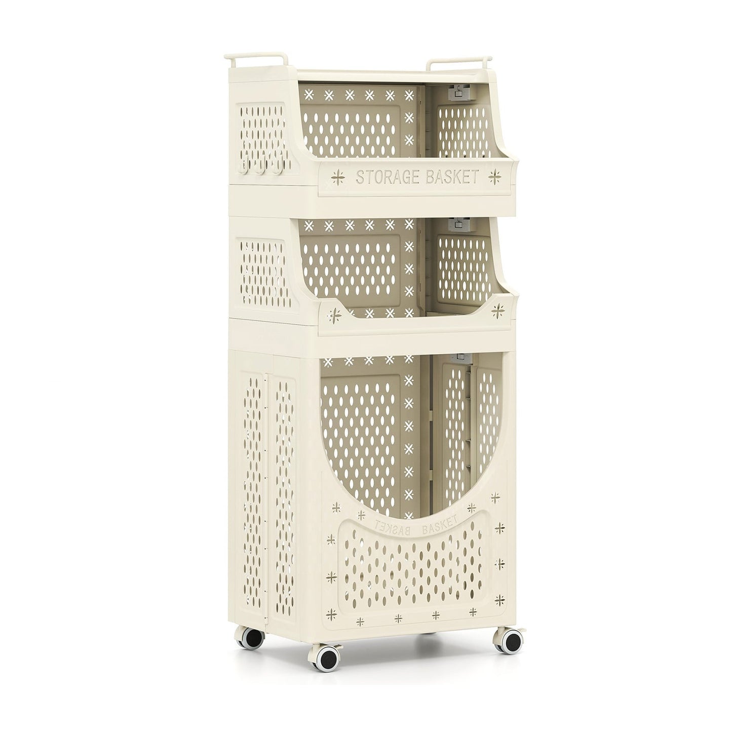 Foldable 4-Tier Laundry Cart with Locking Wheels, Beige
